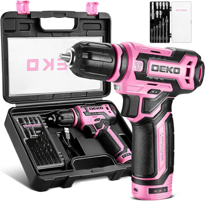 Cordless Drill:DEKOPRO 12V Power Battery Drill Set with Small Electric Drills and 3/8-inch Keyless Chuck with Portable Tool Set Gift Box (Pink)