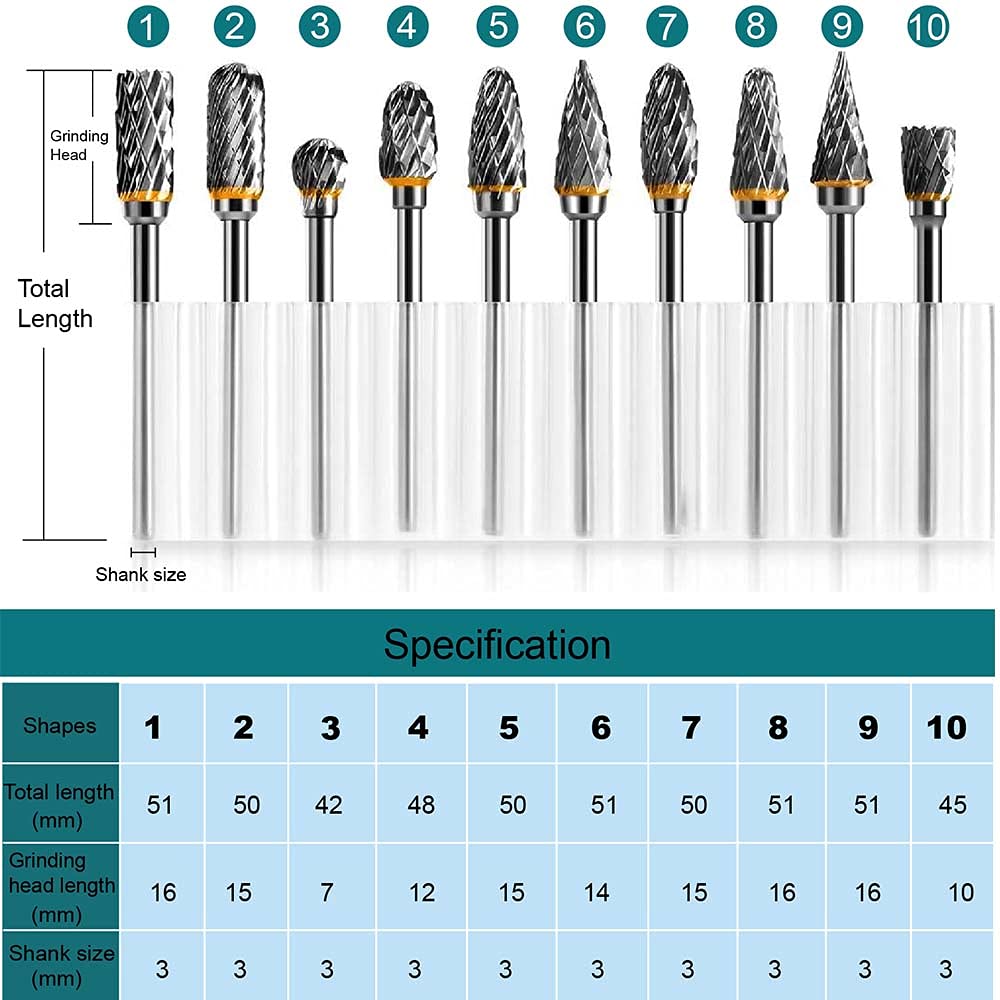 Tungsten Carbide Steel Double Cut Rotary Burrs Set for Rotary Tool, 10pcs 1/8 inches Shank Fits Rotary Tool for Grinder Drill, DIY WoodWorking Carving, Metal Polishing, Engraving, Drilling