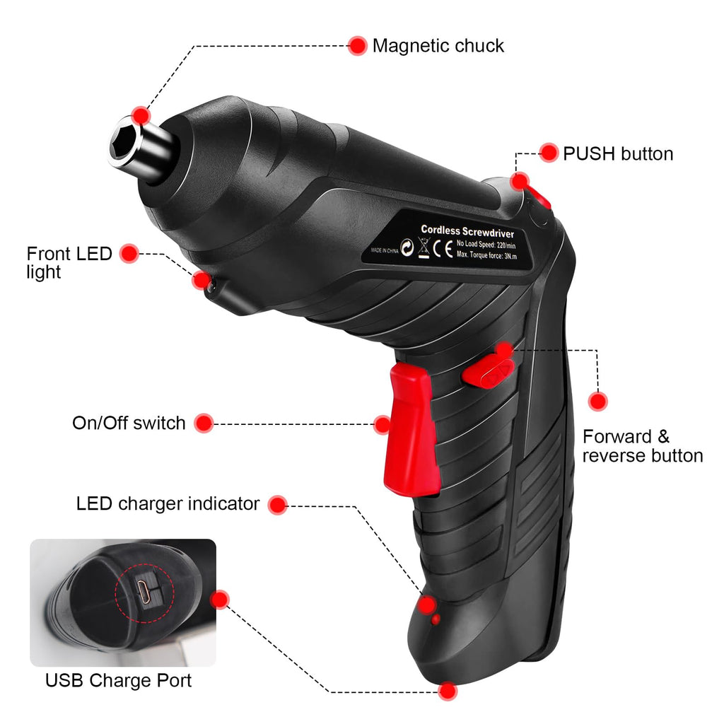 Electric Drill Screwdriver, 49 in 1 Portable Cordless Screwdriver Set Rotated 90 Degrees Electric Screwdrivers Cordless Handle with Led Worklight and Charger for Home Office DIY Tools