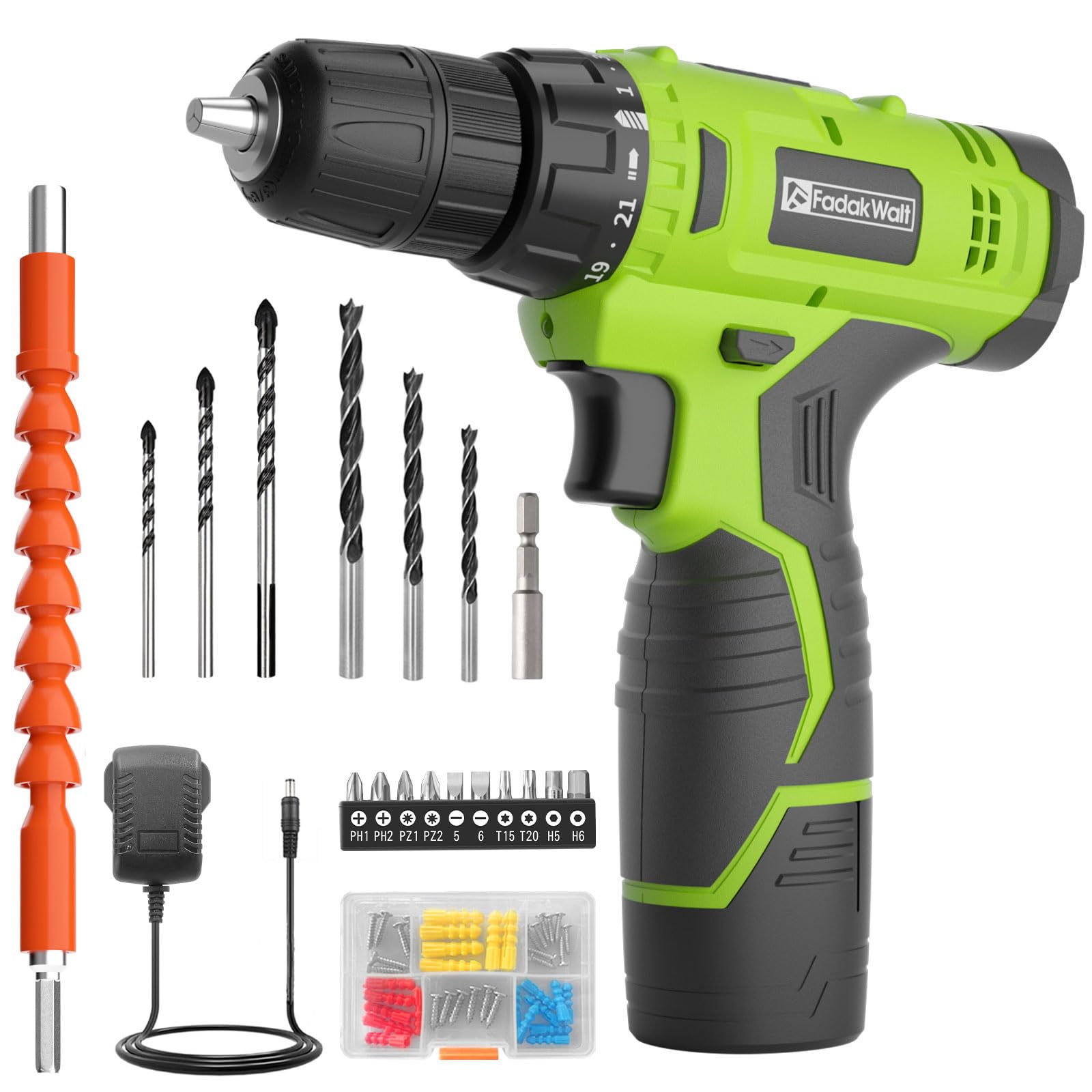FADAKWALT 12V CordlessDrill, Battery Power Drill Drivers, 3/8” inch Keyless Chuck, Electric Screwdriver Kit, 21+1 Torque Setting, Combi Drill with Li-Ion Battery and Charger(Green)