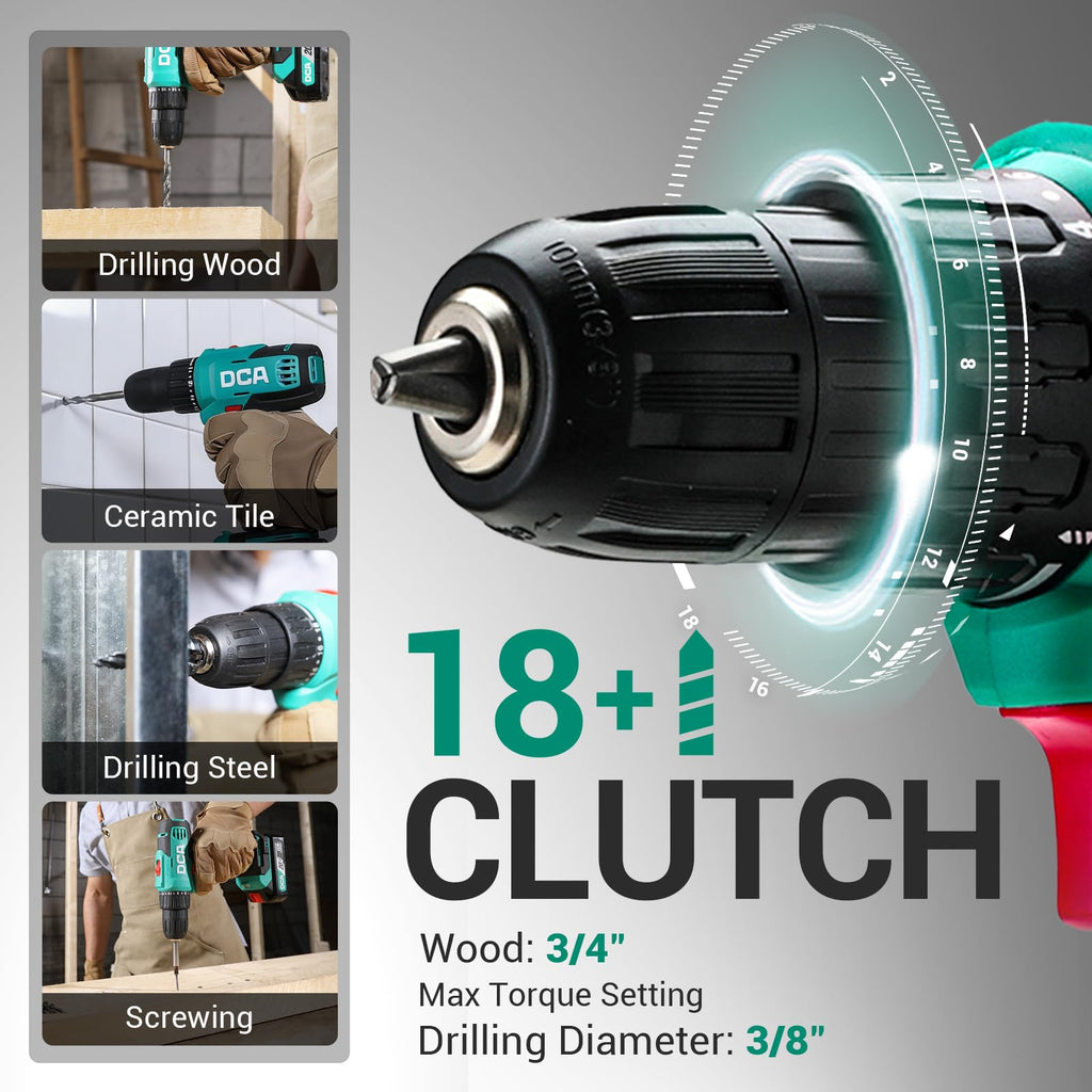 DCA Cordless Drill Set, 40 N.m Torque, 10mm Keyless Chuck, Electric Power Drill with 2.0Ah Battery and Charger,18+1 Position,35-Piece 20V Drill Driver Kit, ADJZ2035