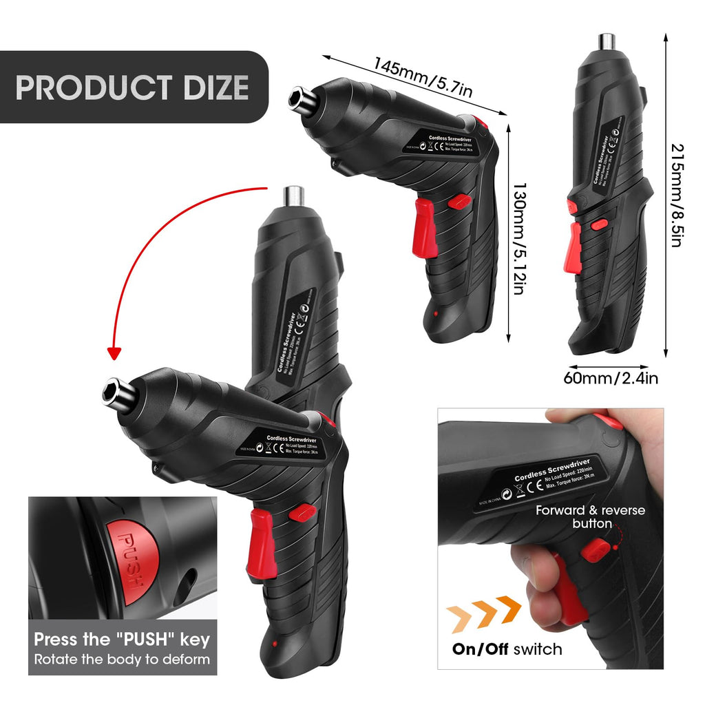 Electric Drill Screwdriver, 49 in 1 Portable Cordless Screwdriver Set Rotated 90 Degrees Electric Screwdrivers Cordless Handle with Led Worklight and Charger for Home Office DIY Tools