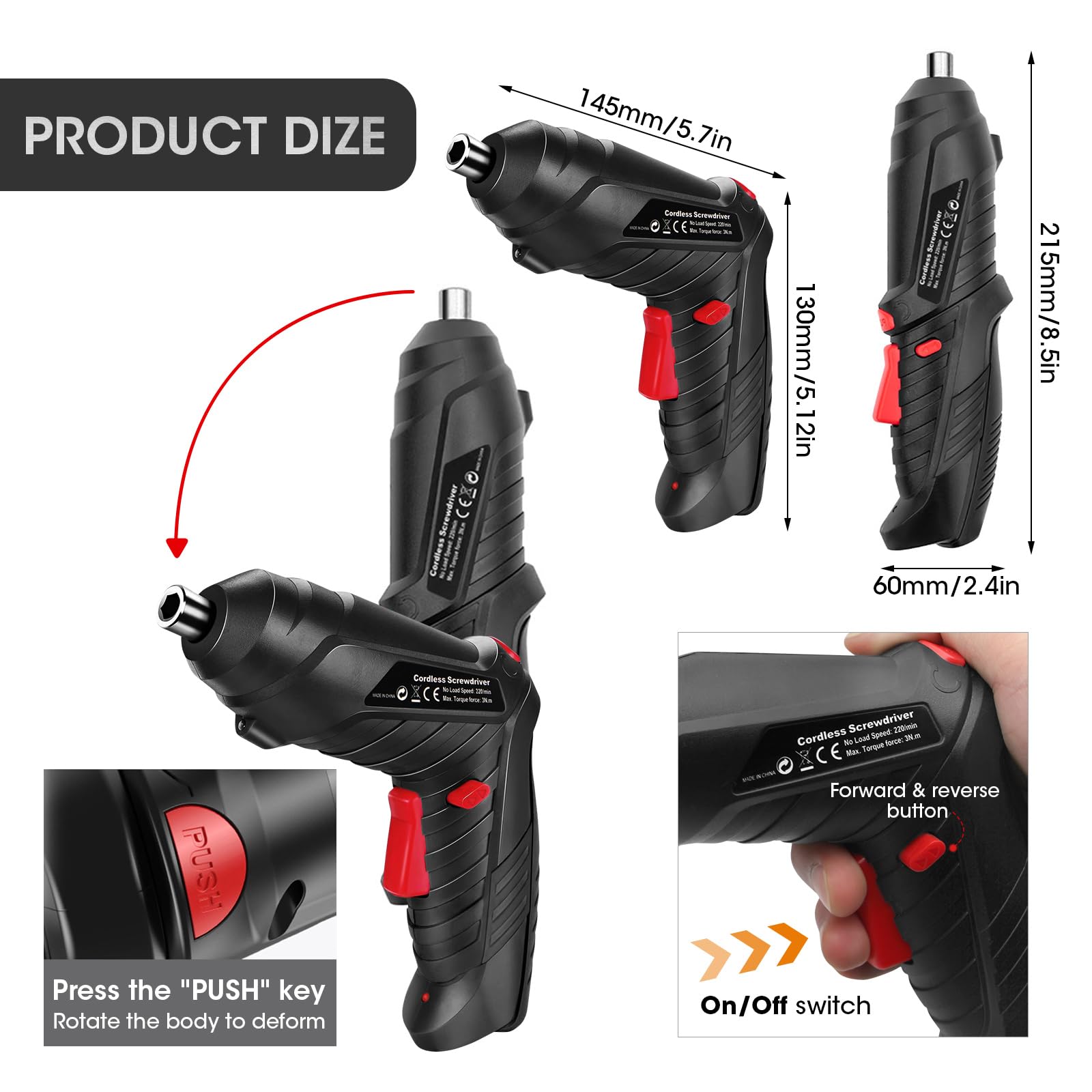 Electric Drill Screwdriver, 49 in 1 Portable Cordless Screwdriver Set Rotated 90 Degrees Electric Screwdrivers Cordless Handle with Led Worklight and Charger for Home Office DIY Tools