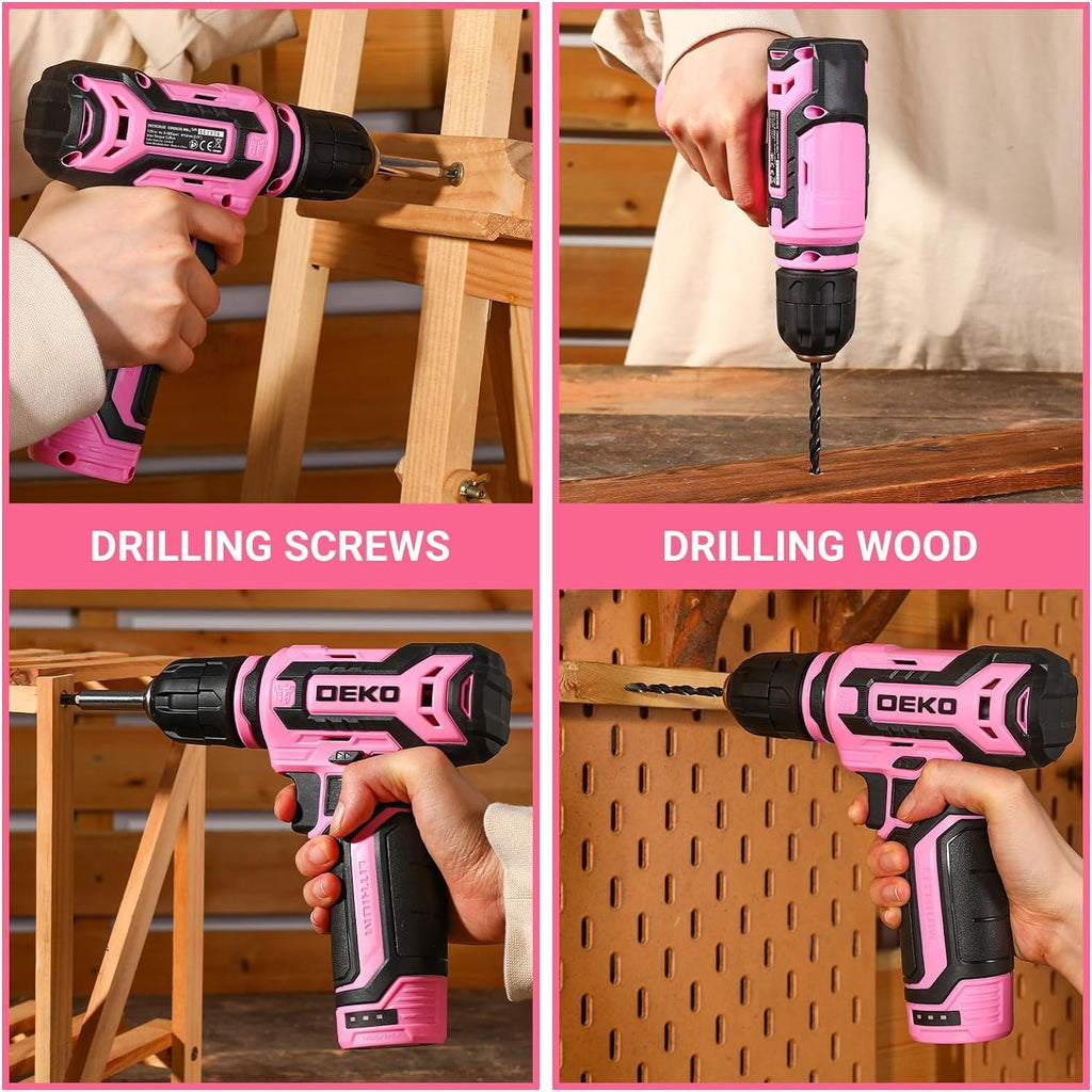 Cordless Drill：DEKOPRO 12V Power Battery Drill Set with Small Electric Drills and 3/8-inch Keyless Chuck with Portable Tool Set Gift Box (Pink)