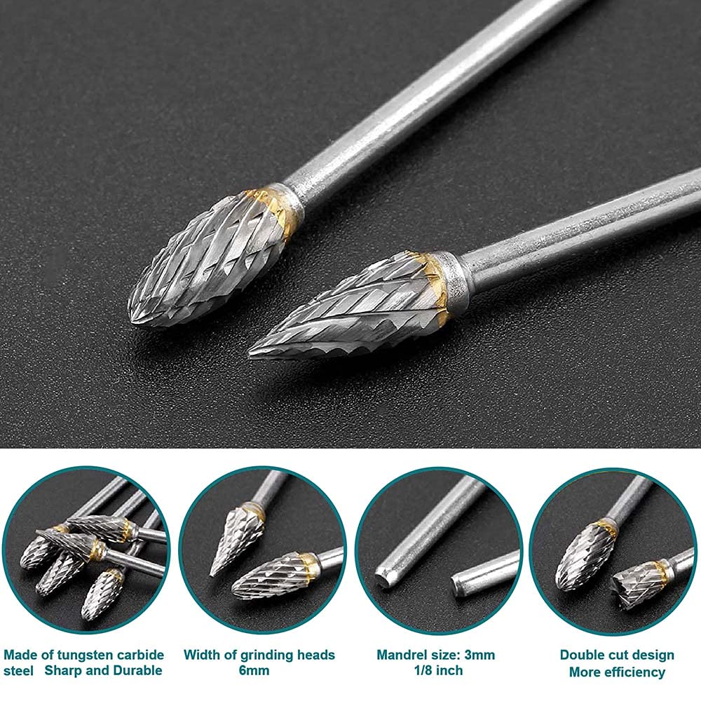 Tungsten Carbide Steel Double Cut Rotary Burrs Set for Rotary Tool, 10pcs 1/8 inches Shank Fits Rotary Tool for Grinder Drill, DIY WoodWorking Carving, Metal Polishing, Engraving, Drilling