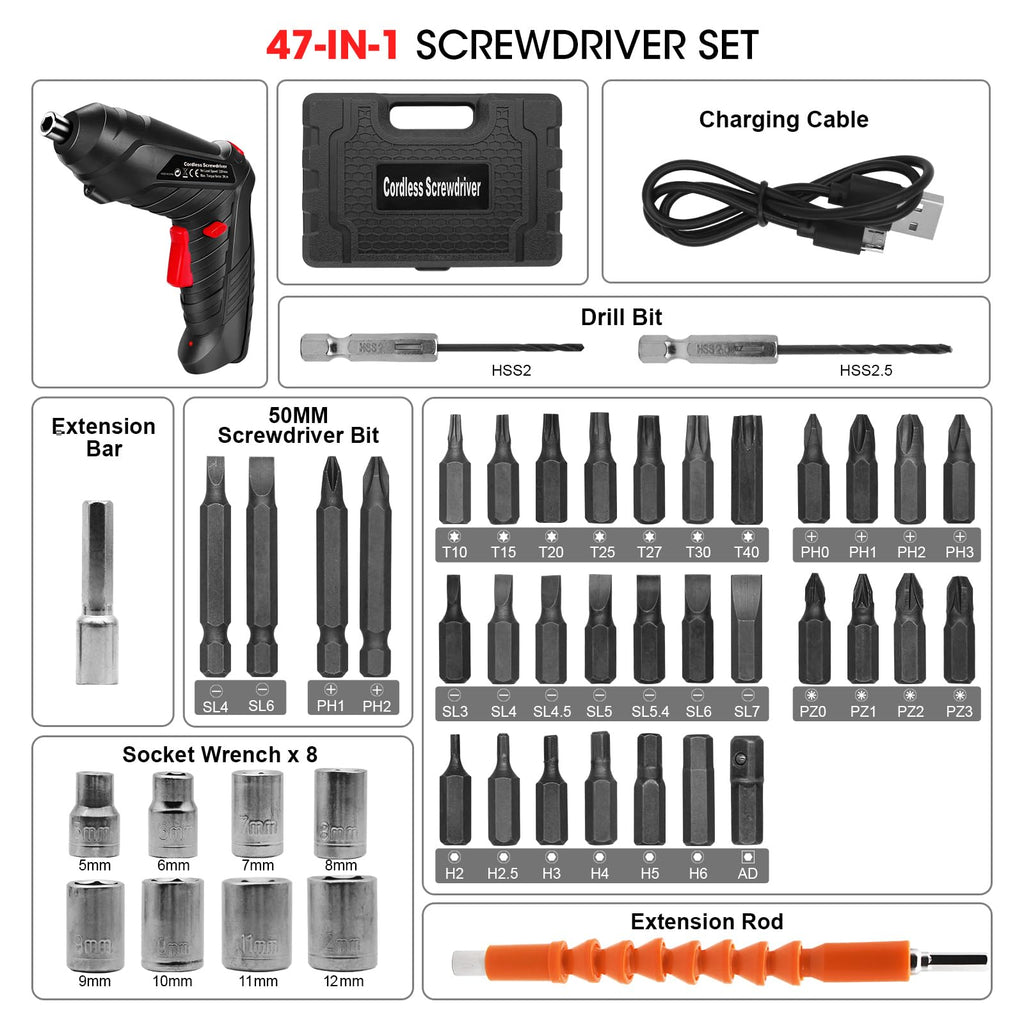 Electric Drill Screwdriver, 49 in 1 Portable Cordless Screwdriver Set Rotated 90 Degrees Electric Screwdrivers Cordless Handle with Led Worklight and Charger for Home Office DIY Tools