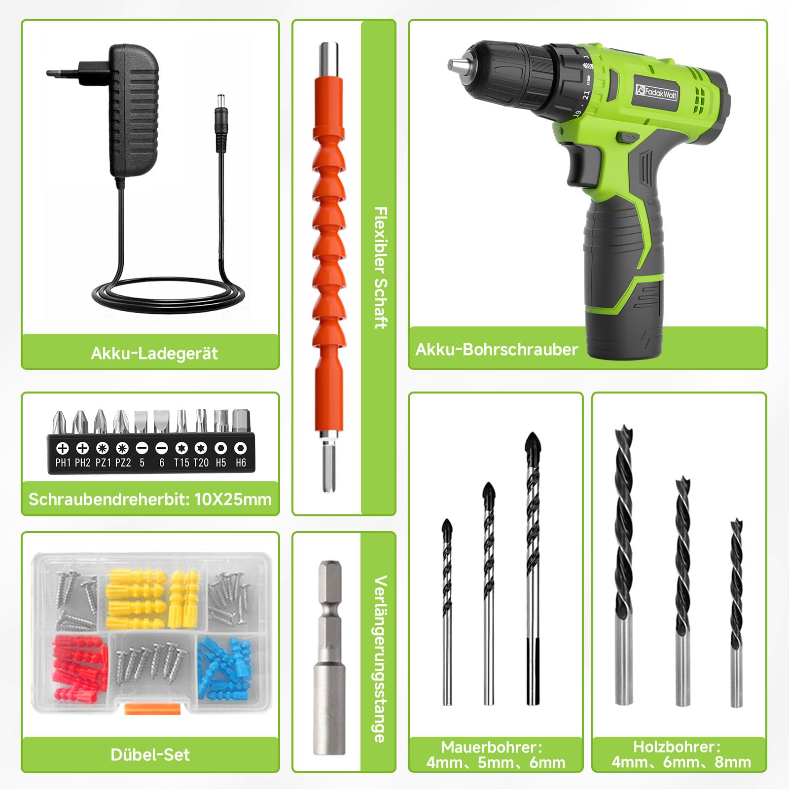 FADAKWALT 12V CordlessDrill, Battery Power Drill Drivers, 3/8” inch Keyless Chuck, Electric Screwdriver Kit, 21+1 Torque Setting, Combi Drill with Li-Ion Battery and Charger(Green)
