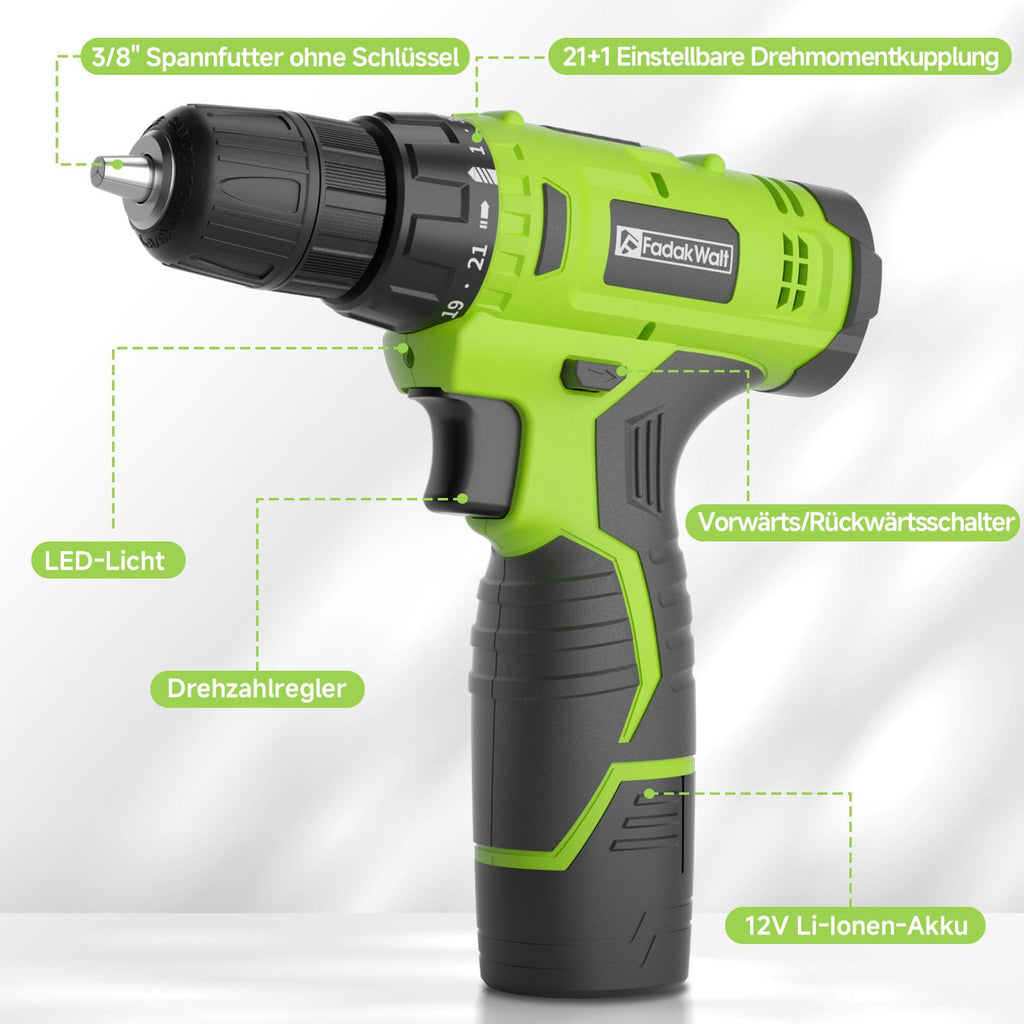 FADAKWALT 12V CordlessDrill, Battery Power Drill Drivers, 3/8” inch Keyless Chuck, Electric Screwdriver Kit, 21+1 Torque Setting, Combi Drill with Li-Ion Battery and Charger(Green)