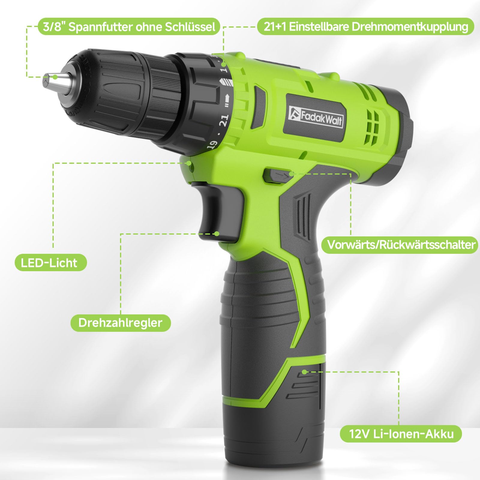 FADAKWALT 12V CordlessDrill, Battery Power Drill Drivers, 3/8” inch Keyless Chuck, Electric Screwdriver Kit, 21+1 Torque Setting, Combi Drill with Li-Ion Battery and Charger(Green)