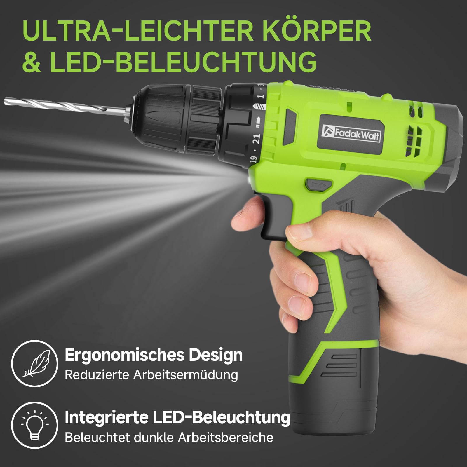FADAKWALT 12V CordlessDrill, Battery Power Drill Drivers, 3/8” inch Keyless Chuck, Electric Screwdriver Kit, 21+1 Torque Setting, Combi Drill with Li-Ion Battery and Charger(Green)