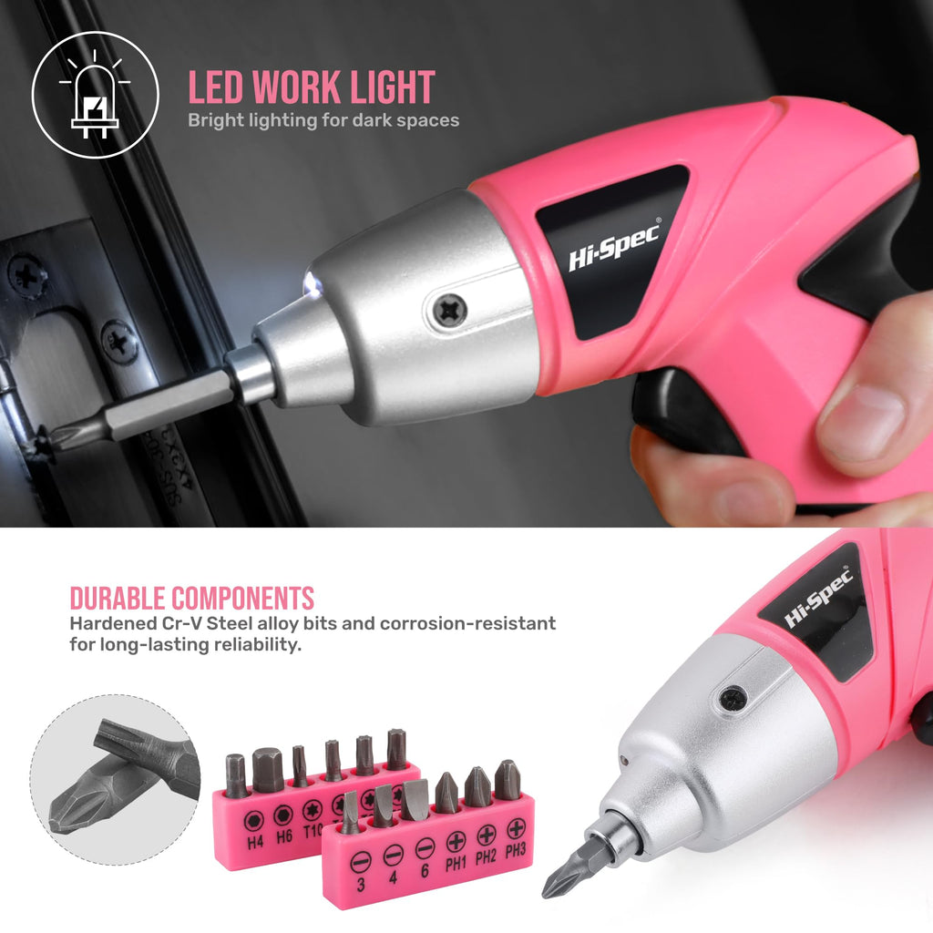 Hi-Spec 19pc 3.6V Pink USB Small Power Screwdriver & Home DIY Tool Kit Set. Cordless & Rechargeable Electric Screwdriver and Compact Hand Tool Box Set