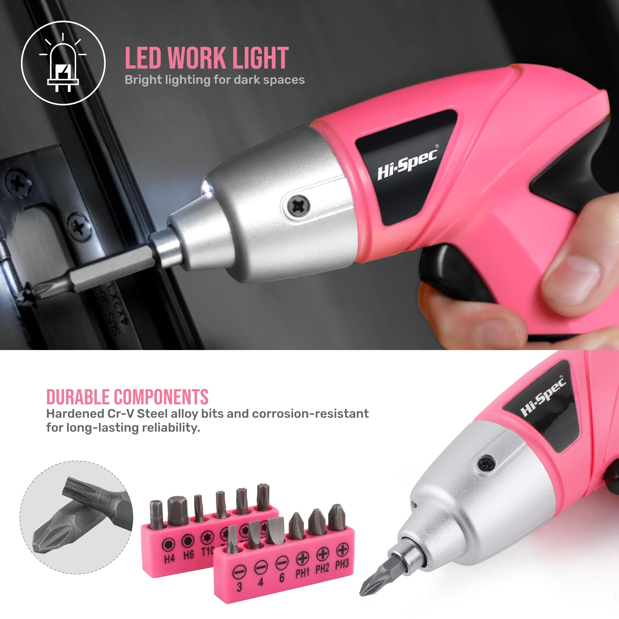 Hi-Spec 19pc 3.6V Pink USB Small Power Screwdriver & Home DIY Tool Kit Set. Cordless & Rechargeable Electric Screwdriver and Compact Hand Tool Box Set