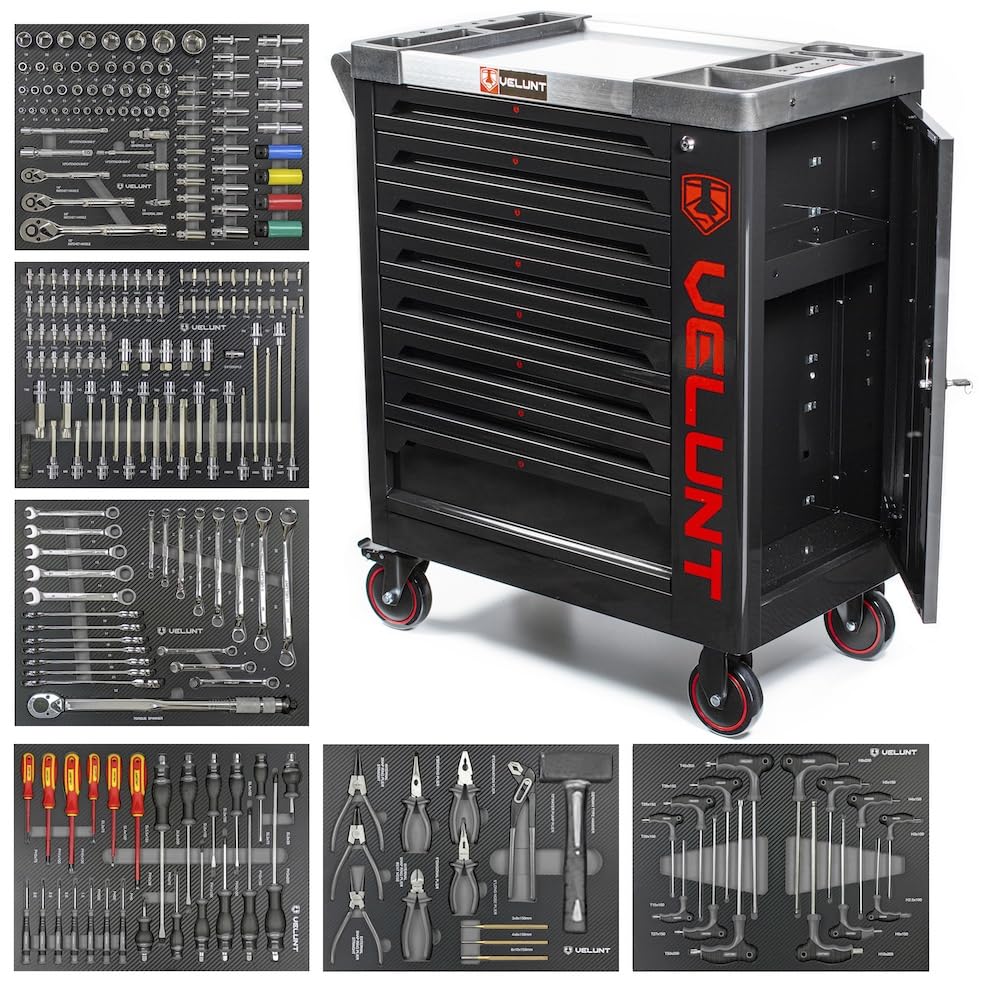 VELUNT Tool Trolley Cabinet with Tools, Heavy Duty Steel Workshop Storage Chest, Rolling Tool Box with Drawers, Mechanic Garage Tool Carrier (VLTC8/6) (Black)
