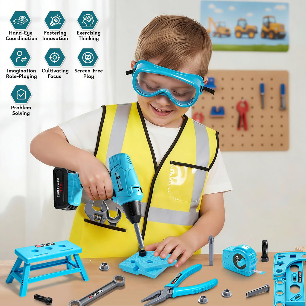 LOYO Kids Tool Set with Electric Drill, 50 PCs Construction Toys for 3 4 5 Year Old Boys Girls, Complete Building Kit with Vest, Tool Box, Educational Role-Play Gift