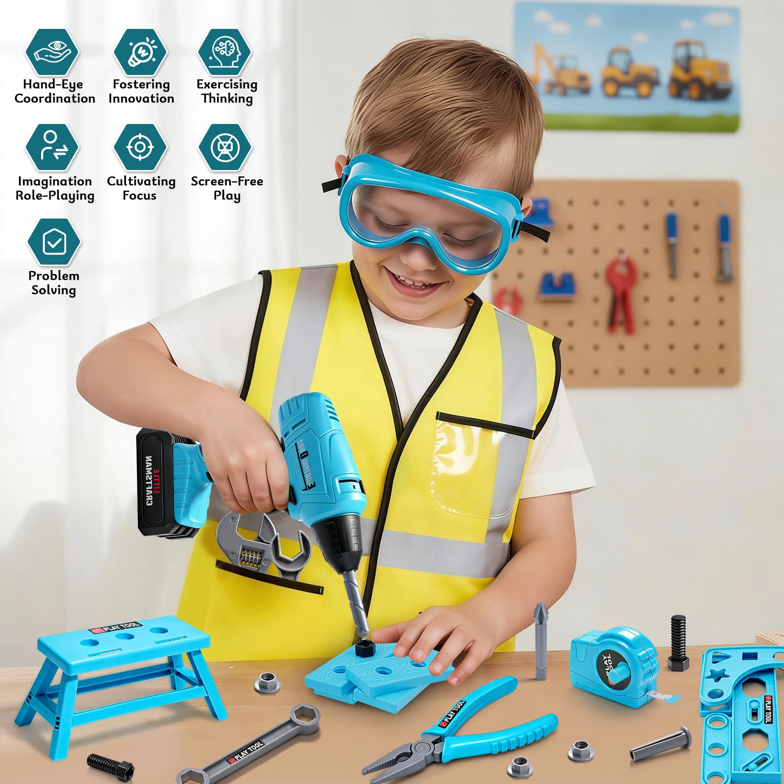 LOYO Kids Tool Set with Electric Drill, 50 PCs Construction Toys for 3 4 5 Year Old Boys Girls, Complete Building Kit with Vest, Tool Box, Educational Role-Play Gift