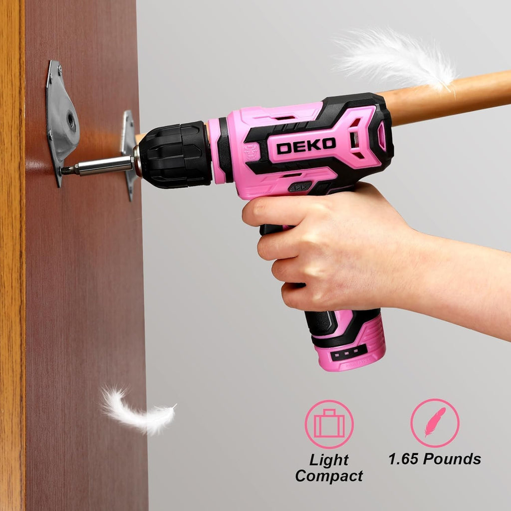 Cordless Drill：DEKOPRO 12V Power Battery Drill Set with Small Electric Drills and 3/8-inch Keyless Chuck with Portable Tool Set Gift Box (Pink)