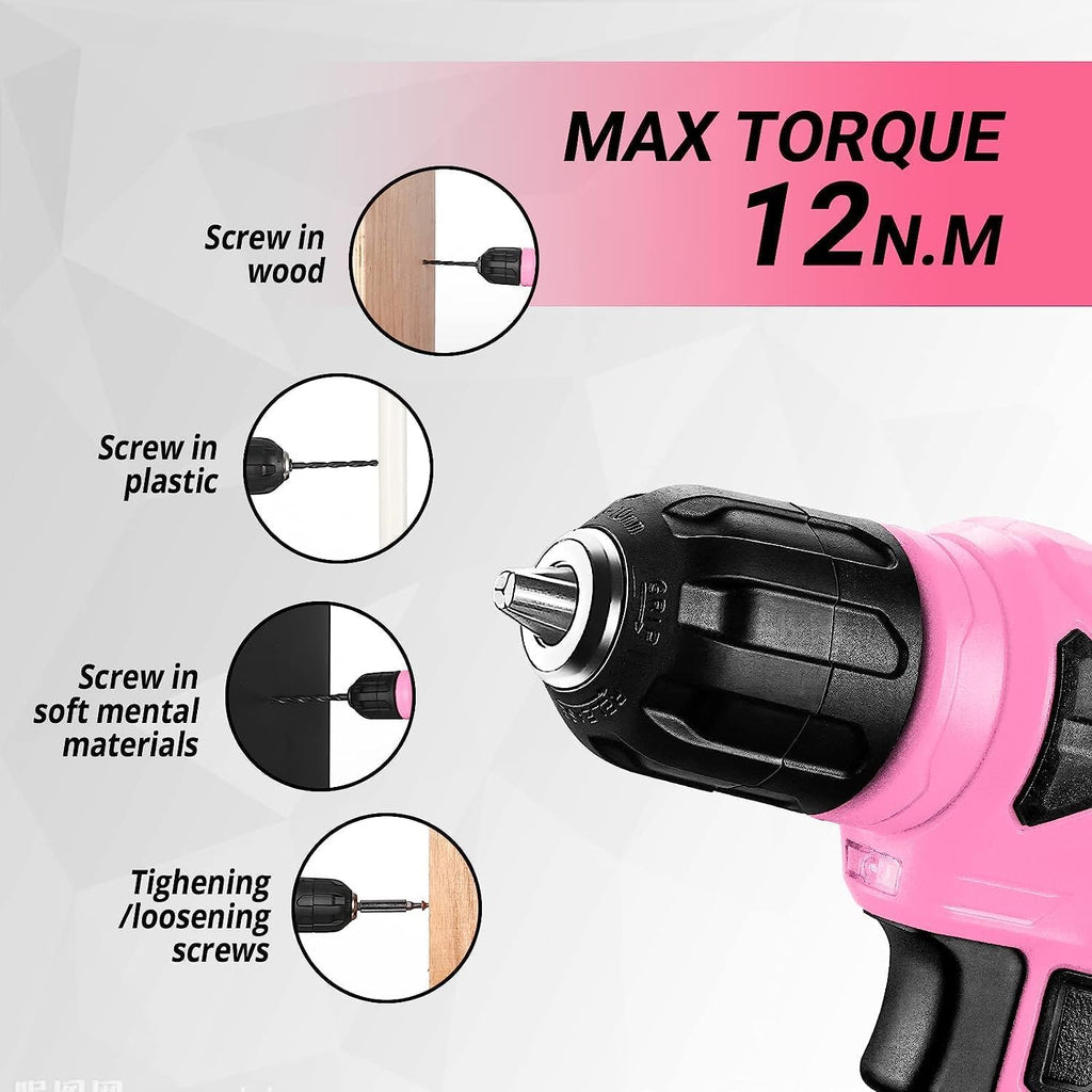 DEKO Pink Tool Kit: 126-Piece DIY Set with 8V Cordless Drill, Electric Drills & Hand Tools for Women