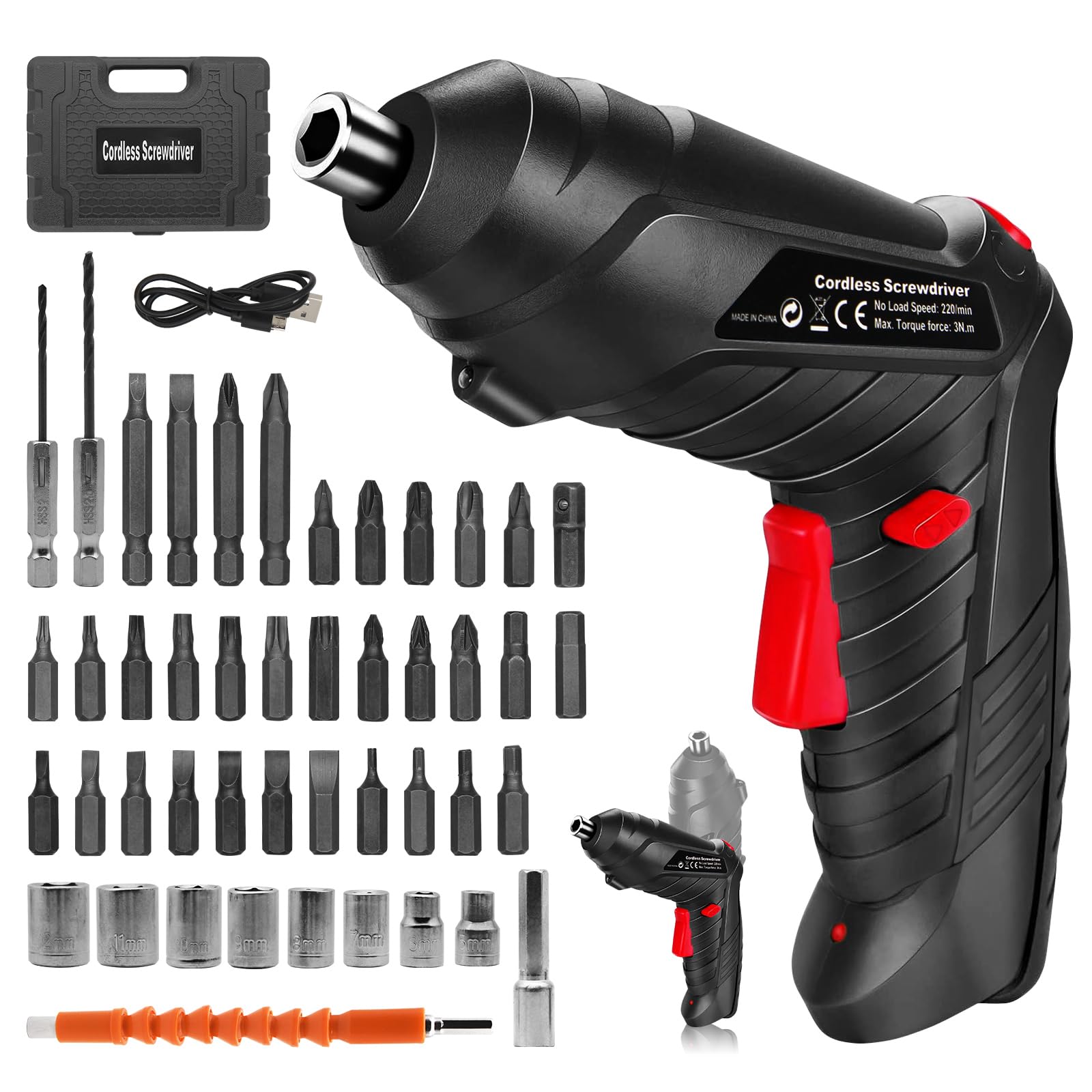Electric Drill Screwdriver, 49 in 1 Portable Cordless Screwdriver Set Rotated 90 Degrees Electric Screwdrivers Cordless Handle with Led Worklight and Charger for Home Office DIY Tools