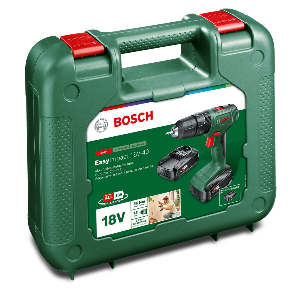 Bosch Cordless Combi Drill EasyImpact 18V-40 (2 Batteries 2.0 Ah, 18 Volt System, in Carrying Case)