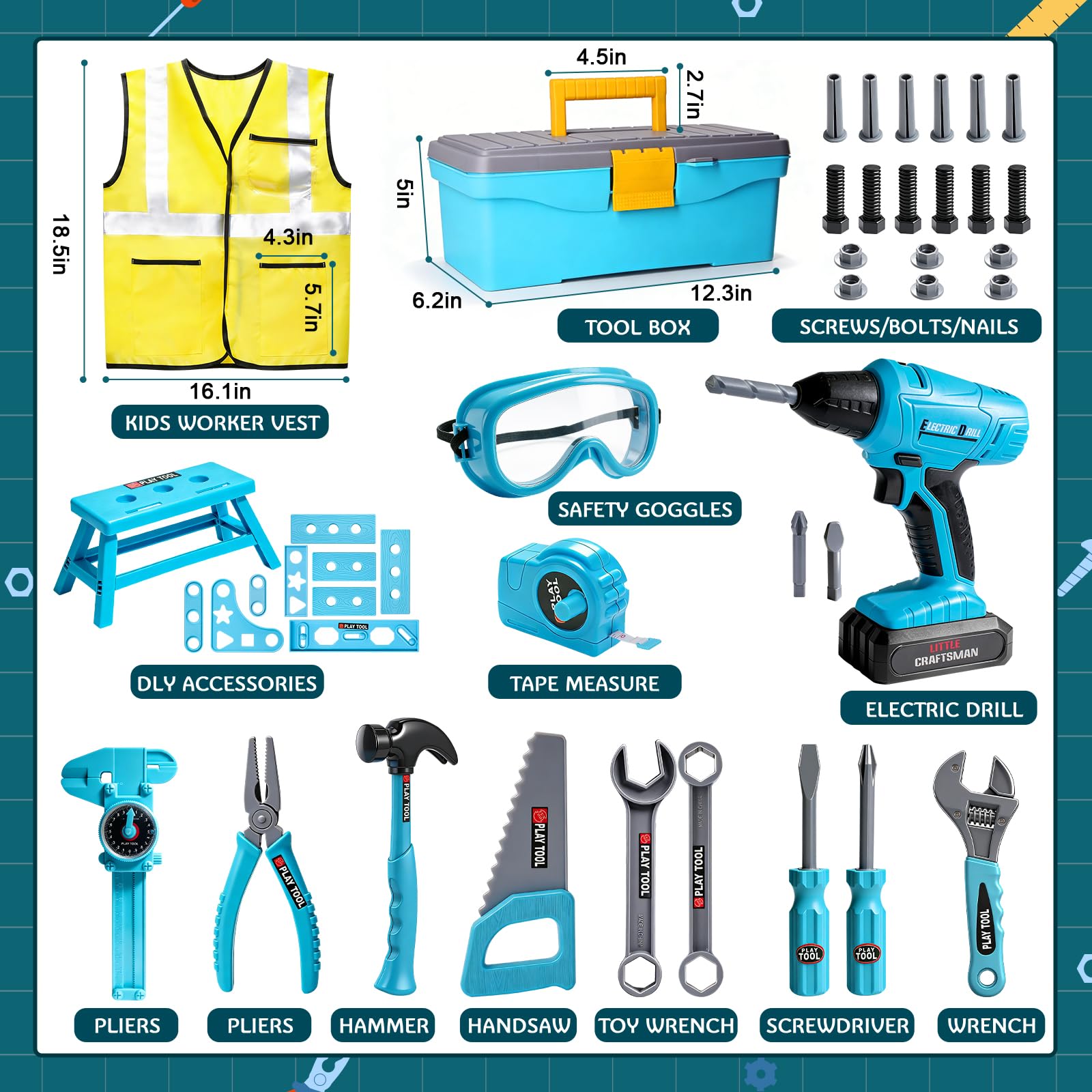 LOYO Kids Tool Set with Electric Drill, 50 PCs Construction Toys for 3 4 5 Year Old Boys Girls, Complete Building Kit with Vest, Tool Box, Educational Role-Play Gift