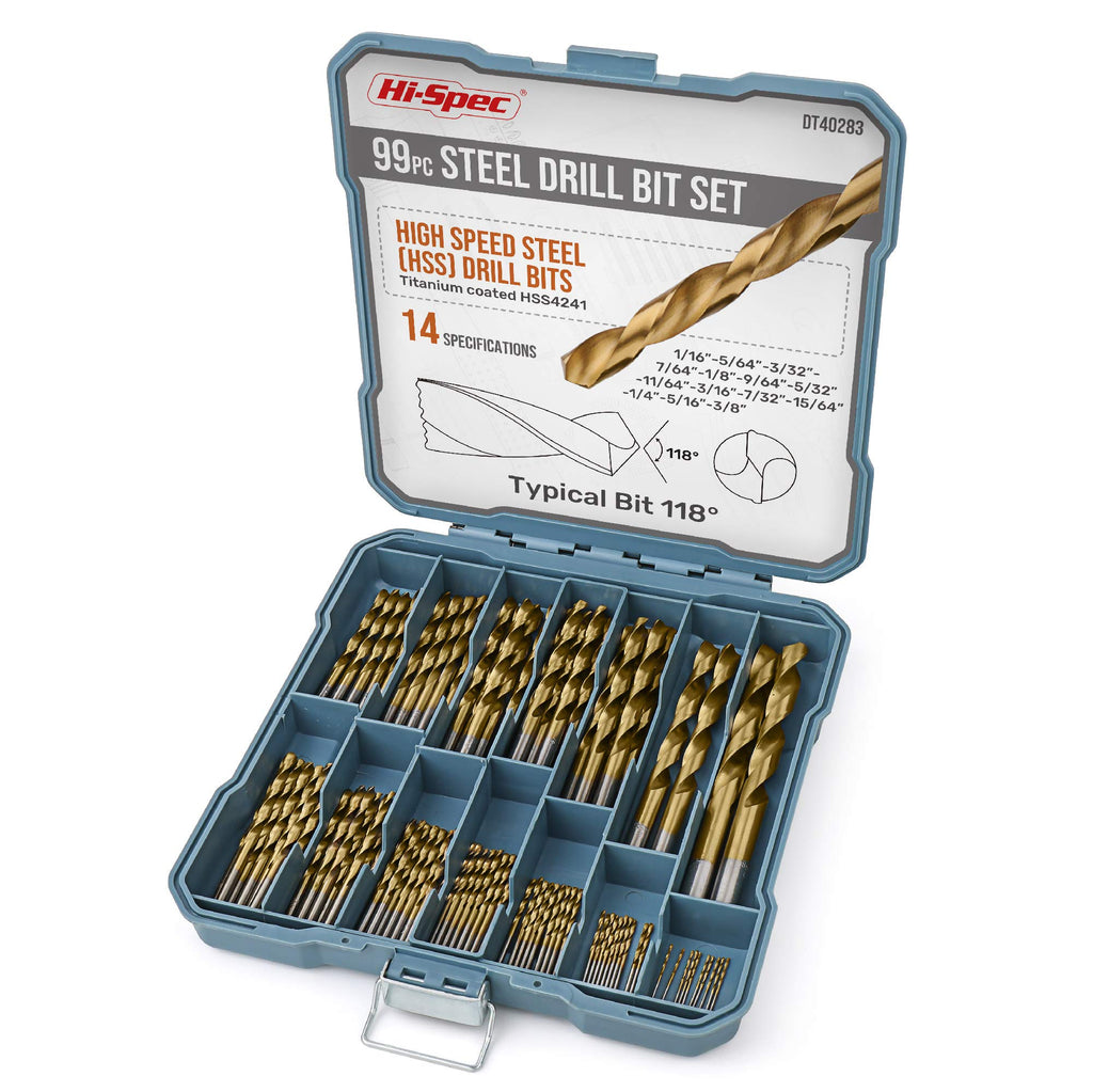 Hi-Spec 99pc Complete HSS Mixed Drill Bit Set, 1 to 10mm Titanium Coated High Speed Steel Drill Bits for Metal, Wood & Plastic, All in a Box Case