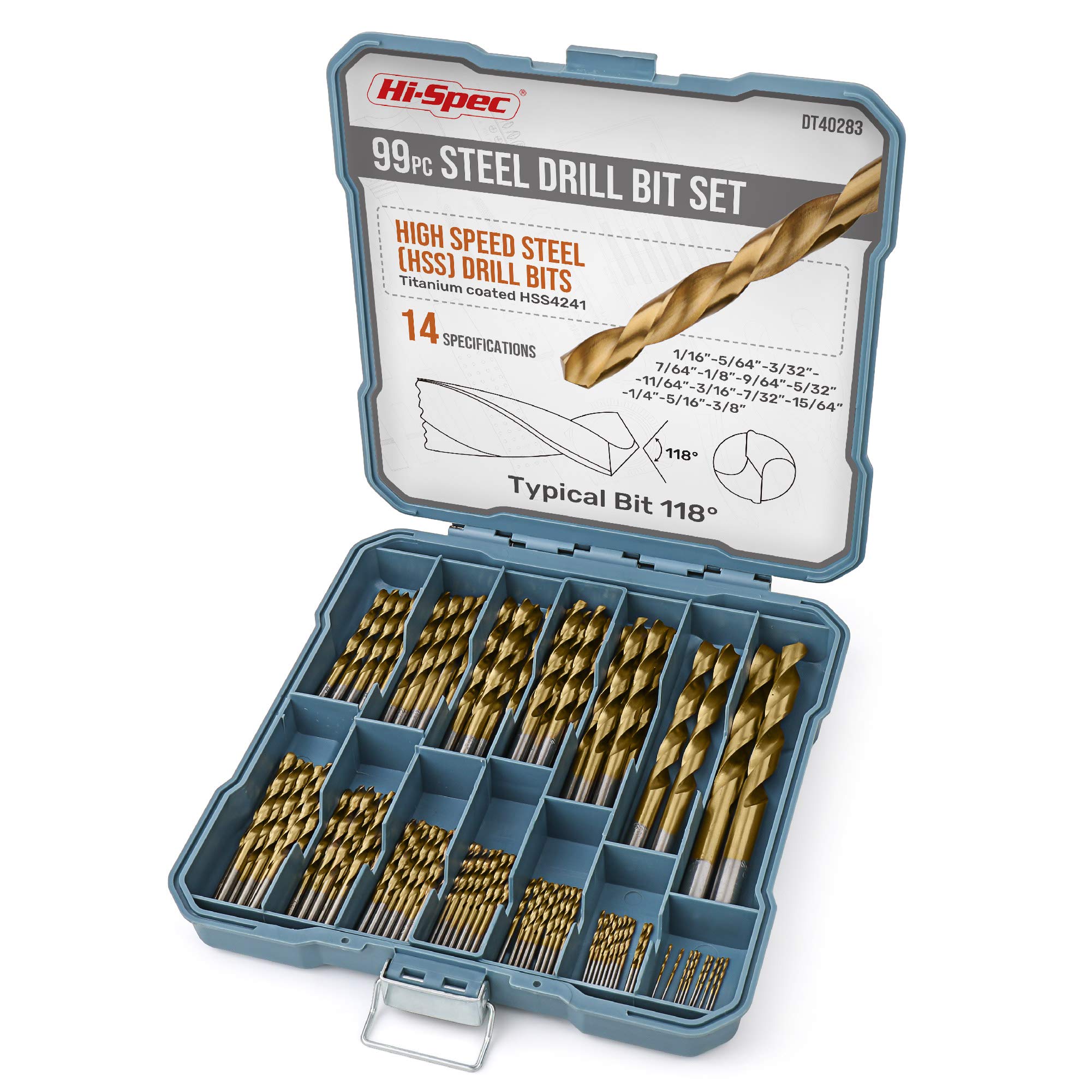 Hi-Spec 99pc Complete HSS Mixed Drill Bit Set, 1 to 10mm Titanium Coated High Speed Steel Drill Bits for Metal, Wood & Plastic, All in a Box Case