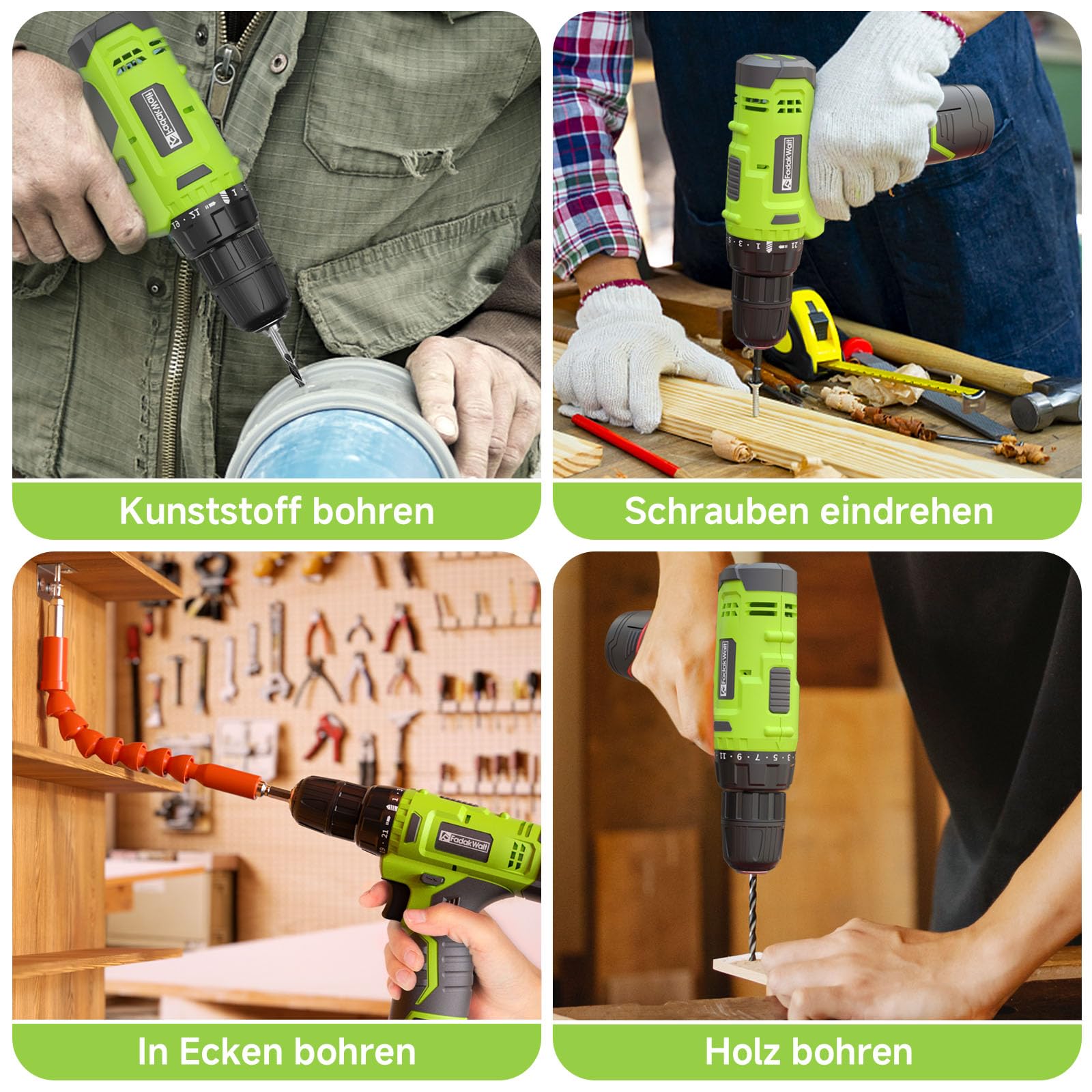 FADAKWALT 12V CordlessDrill, Battery Power Drill Drivers, 3/8” inch Keyless Chuck, Electric Screwdriver Kit, 21+1 Torque Setting, Combi Drill with Li-Ion Battery and Charger(Green)