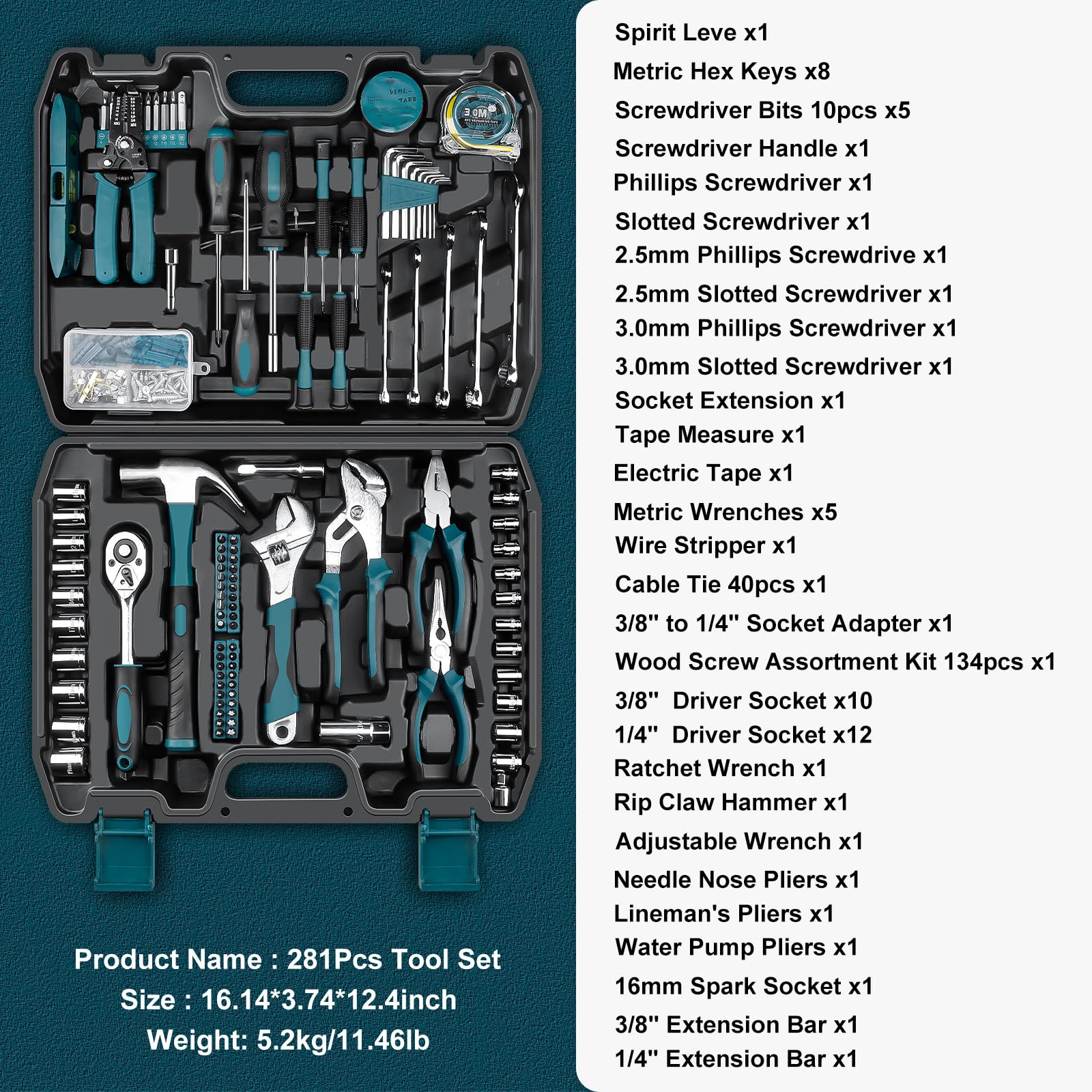 Sundpey Home Tool Kit 281-PCs - Protable Complete Basic Hand Repair General Tool Sets for Men Women - Tool Set with Socket Wrench Set & Screwdriver Set & Metric Hex Key & Pliers & Tool Box Case