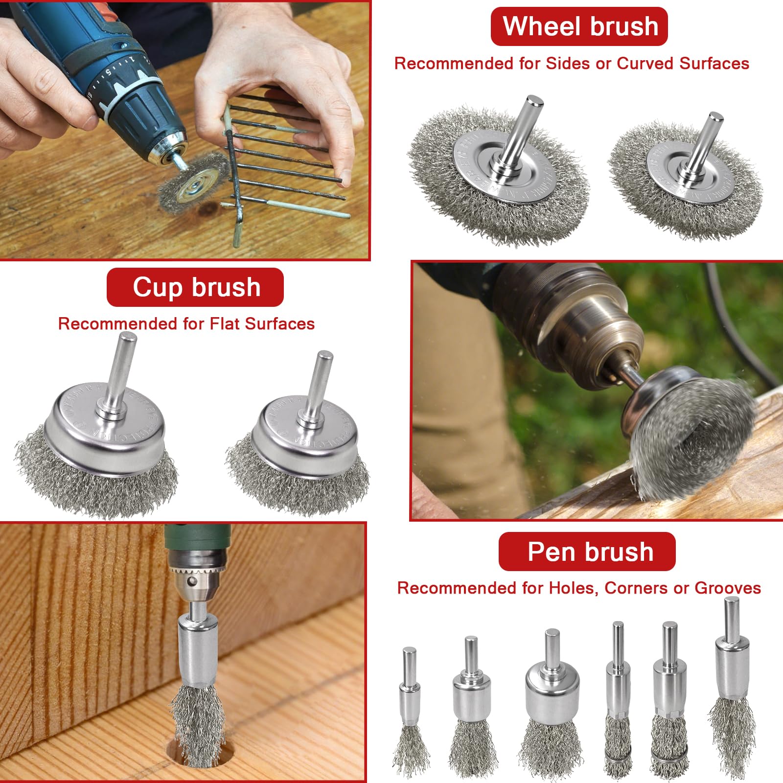 SBGGRL 11 Pcs Metal Carbon Steel Wire Wheel for Drill Set, Wool Brush Drill Attachment for Removing Paint and Rust with 1/4" Round Shank