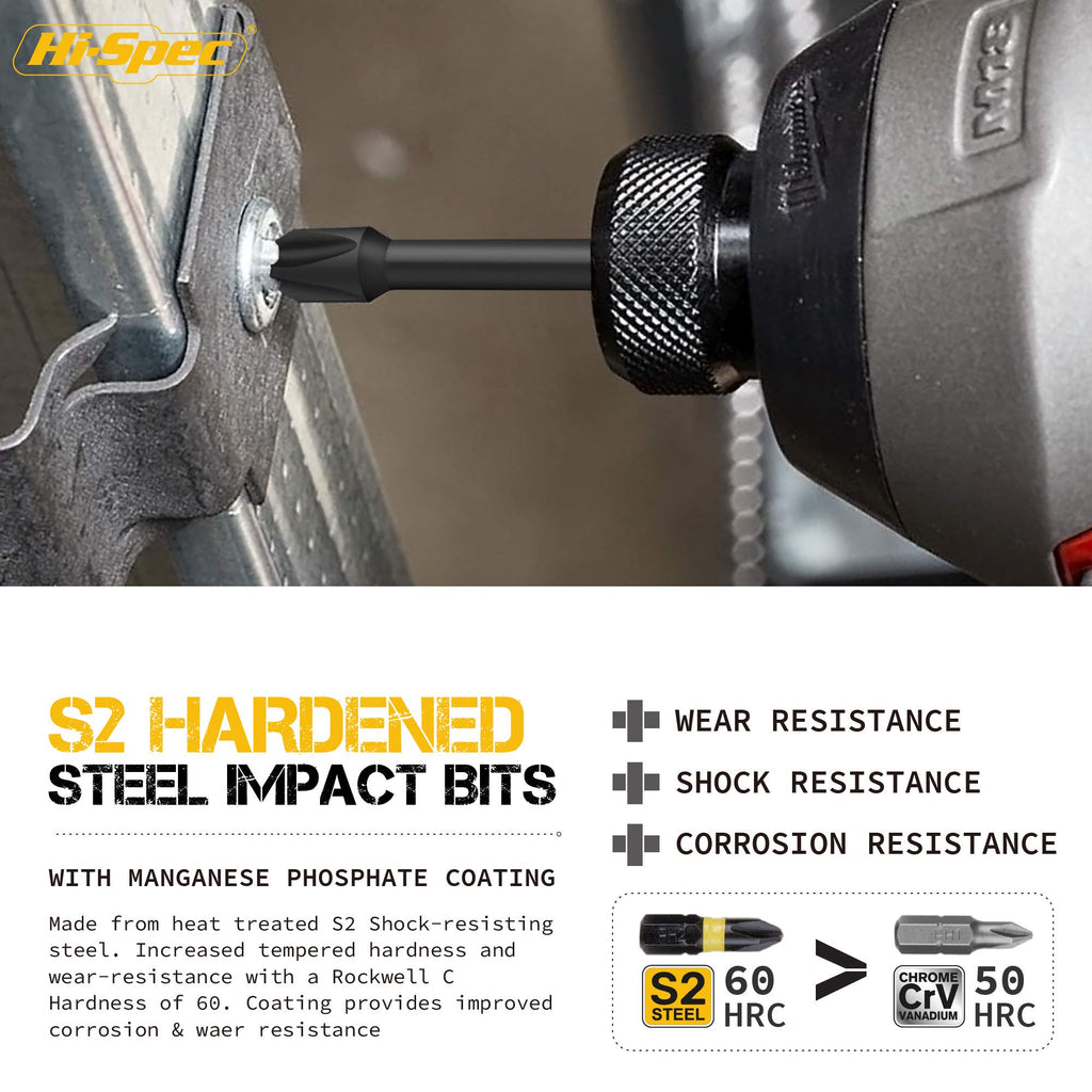Hi-Spec 44pc Impact Drill Driver Screw Bit Set with Popular PZ & PH Sizes, 1/4 Hex S2 Screwdriver Bits with Nut and Socket Drivers