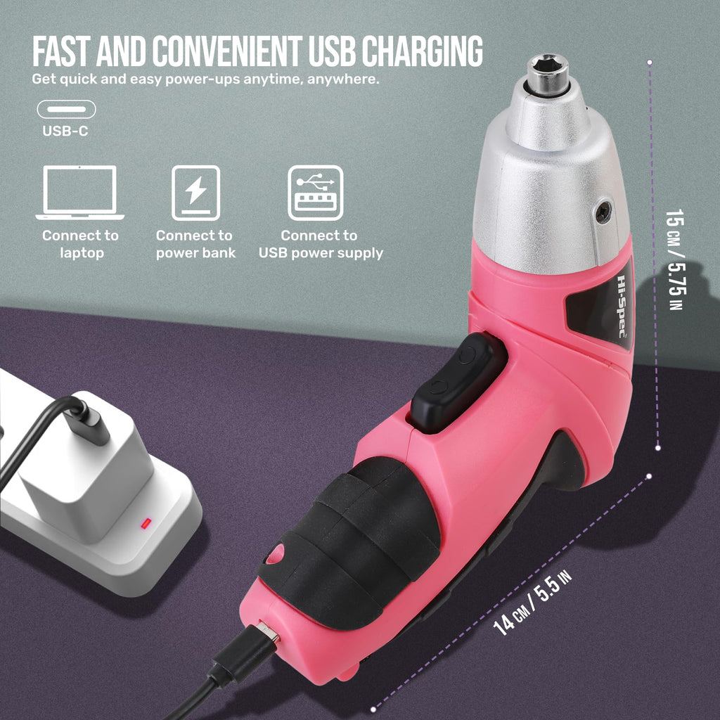 Hi-Spec 19pc 3.6V Pink USB Small Power Screwdriver & Home DIY Tool Kit Set. Cordless & Rechargeable Electric Screwdriver and Compact Hand Tool Box Set