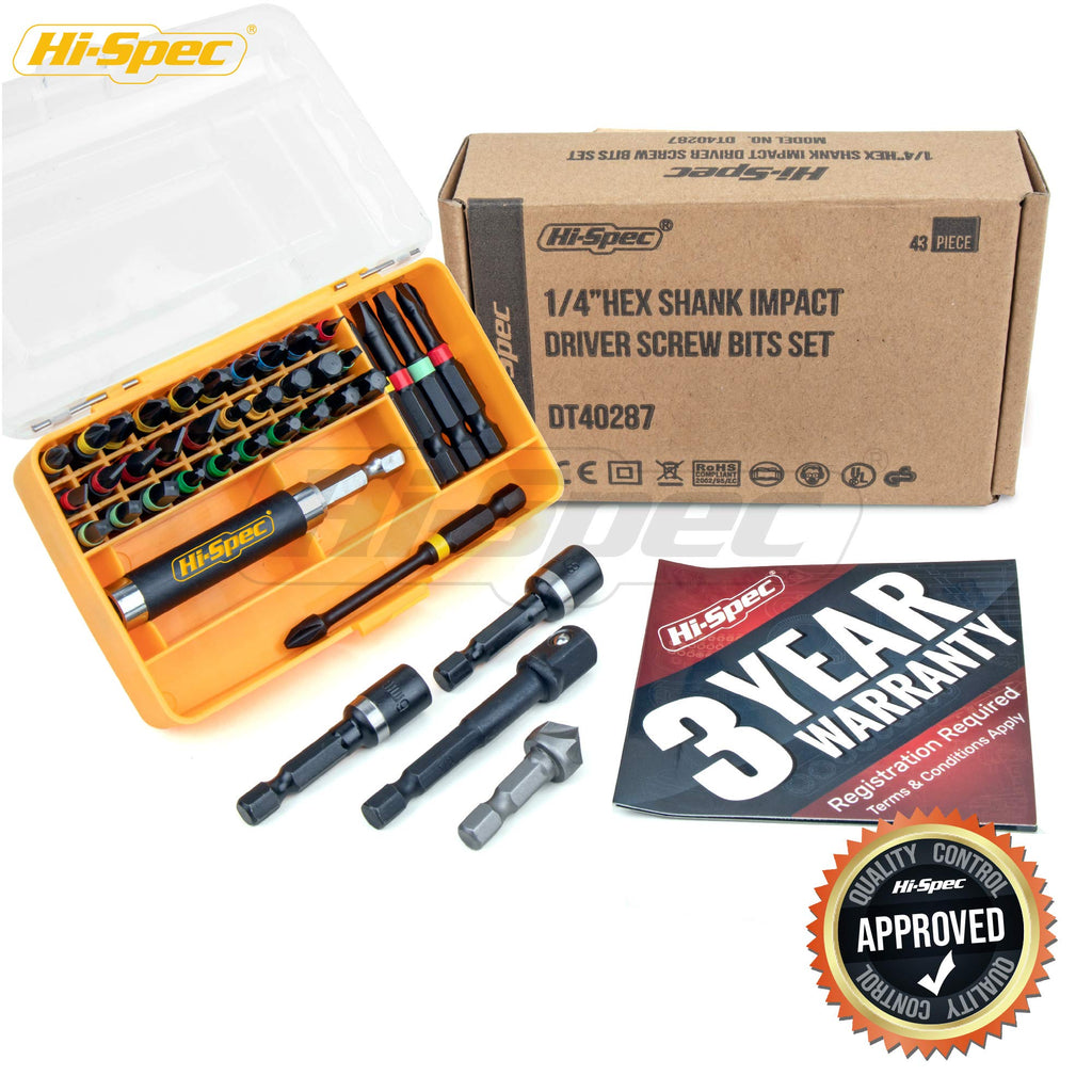 Hi-Spec 44pc Impact Drill Driver Screw Bit Set with Popular PZ & PH Sizes, 1/4 Hex S2 Screwdriver Bits with Nut and Socket Drivers