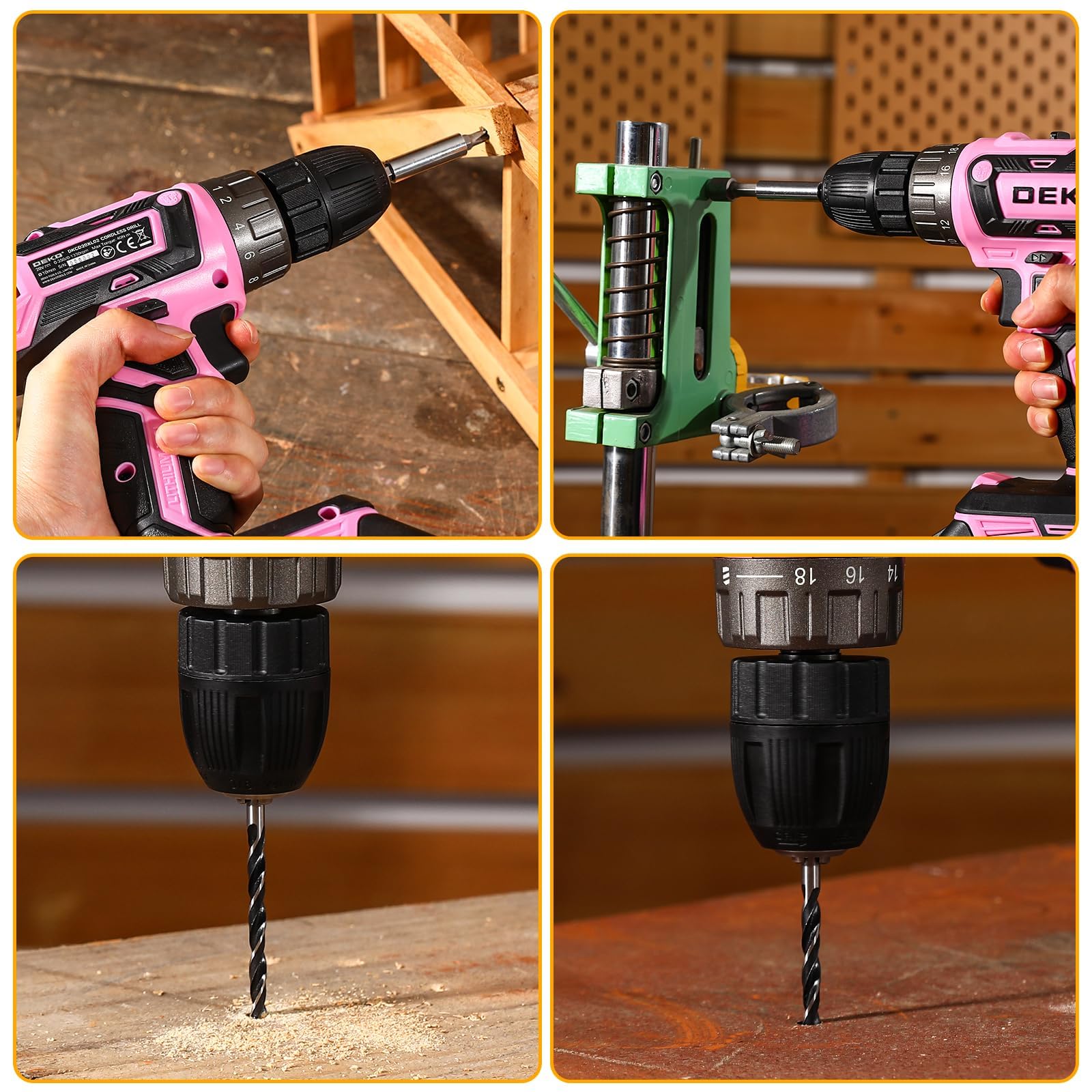 Power Drill Cordless: DEKOPRO Pink Cordless Drill 20V Electric Power Set Tool for Women Drills with Battery and Charger Drills Driver Kit