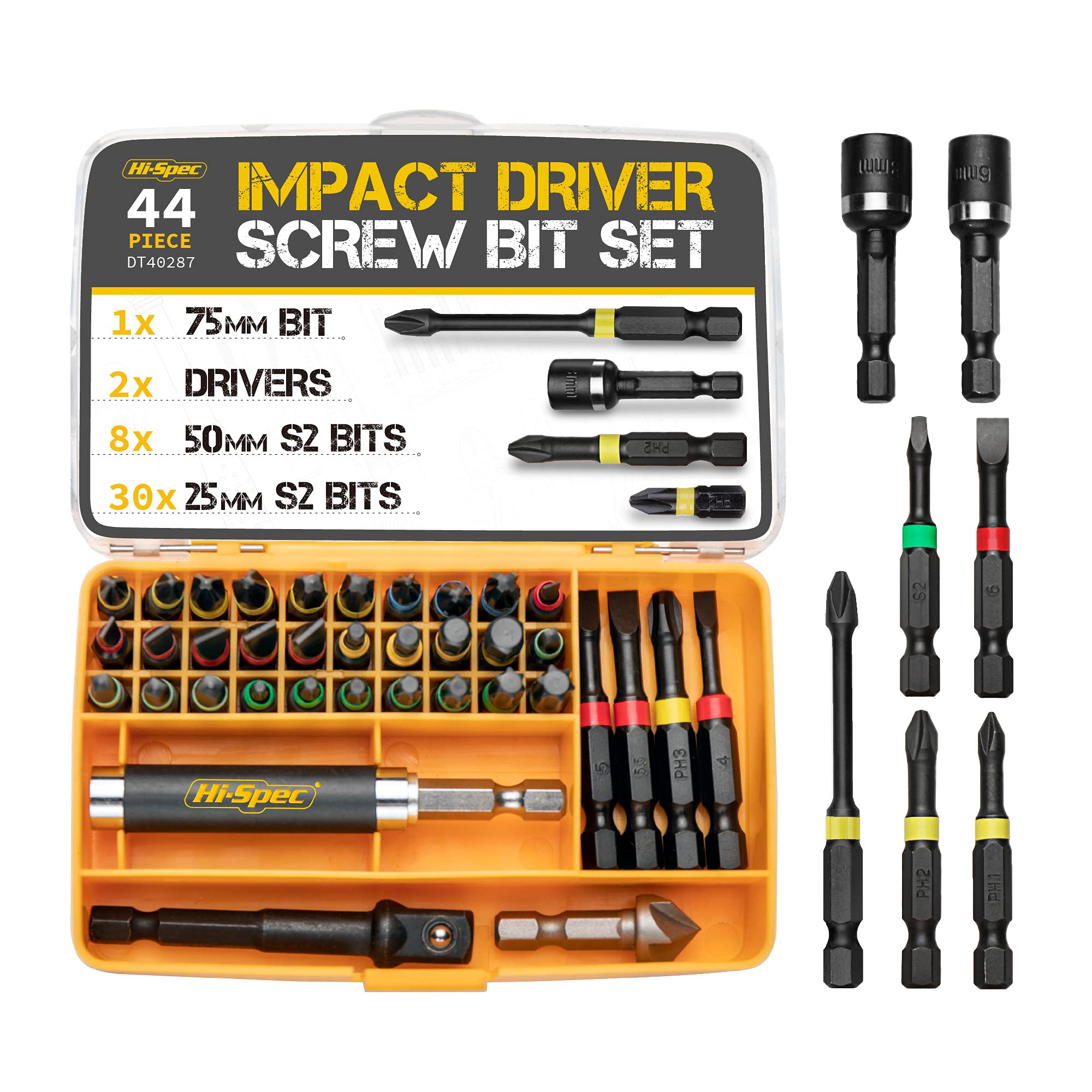 Hi-Spec 44pc Impact Drill Driver Screw Bit Set with Popular PZ & PH Sizes, 1/4 Hex S2 Screwdriver Bits with Nut and Socket Drivers