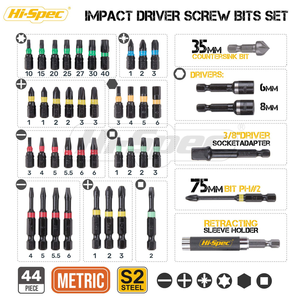 Hi-Spec 44pc Impact Drill Driver Screw Bit Set with Popular PZ & PH Sizes, 1/4 Hex S2 Screwdriver Bits with Nut and Socket Drivers
