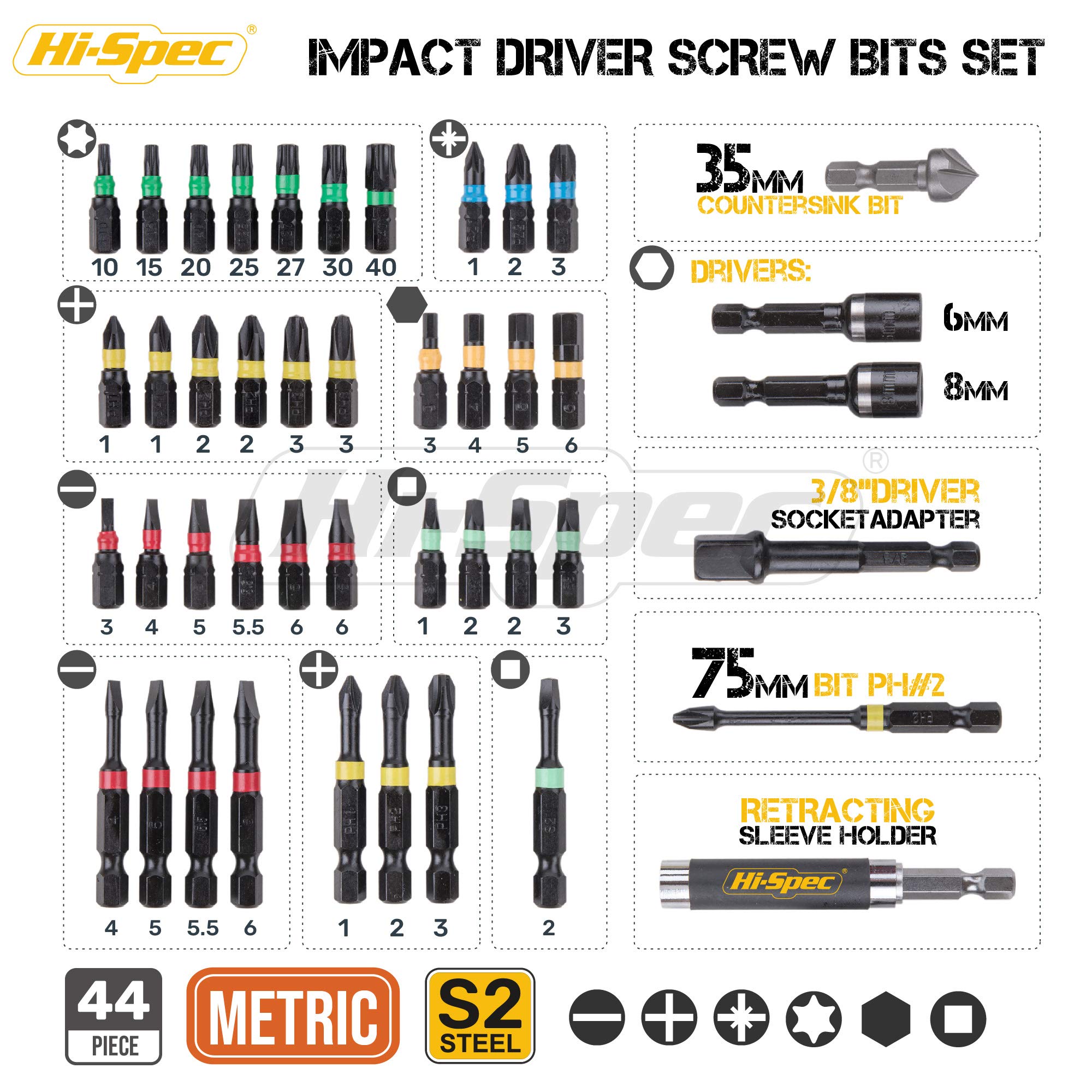 Hi-Spec 44pc Impact Drill Driver Screw Bit Set with Popular PZ & PH Sizes, 1/4 Hex S2 Screwdriver Bits with Nut and Socket Drivers