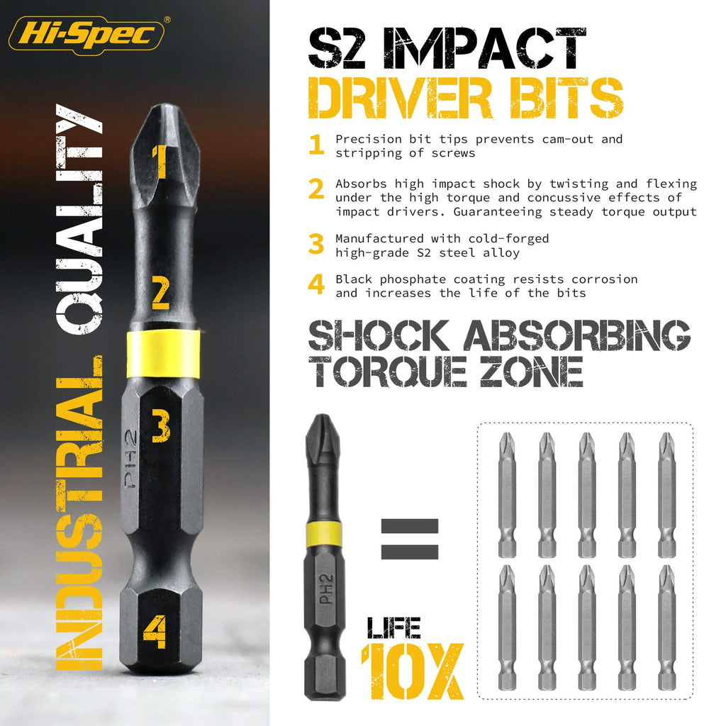 Hi-Spec 44pc Impact Drill Driver Screw Bit Set with Popular PZ & PH Sizes, 1/4 Hex S2 Screwdriver Bits with Nut and Socket Drivers