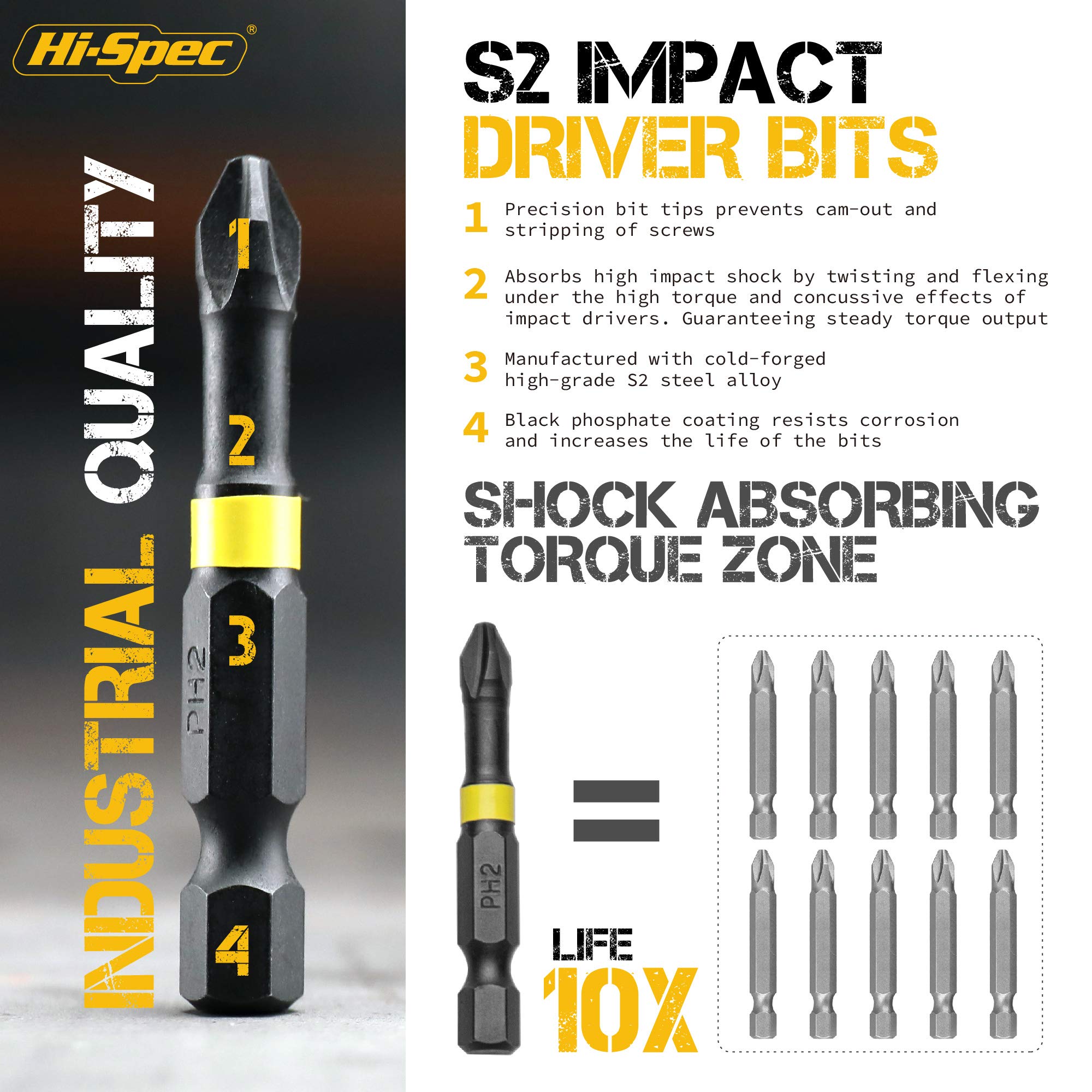 Hi-Spec 44pc Impact Drill Driver Screw Bit Set with Popular PZ & PH Sizes, 1/4 Hex S2 Screwdriver Bits with Nut and Socket Drivers