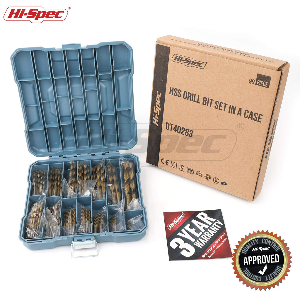 Hi-Spec 99pc Complete HSS Mixed Drill Bit Set, 1 to 10mm Titanium Coated High Speed Steel Drill Bits for Metal, Wood & Plastic, All in a Box Case
