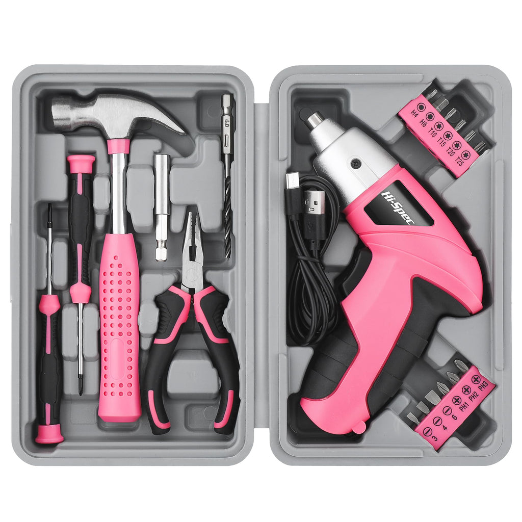 Hi-Spec 19pc 3.6V Pink USB Small Power Screwdriver & Home DIY Tool Kit Set. Cordless & Rechargeable Electric Screwdriver and Compact Hand Tool Box Set