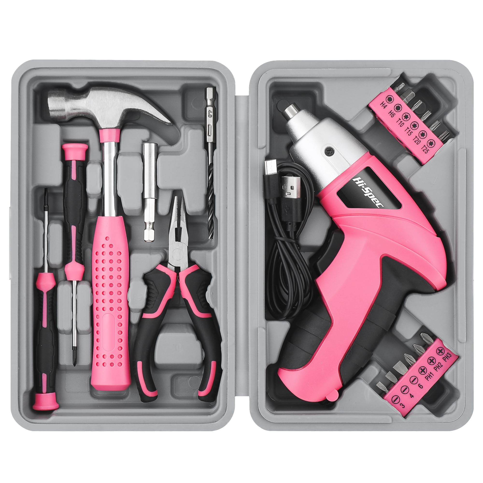 Hi-Spec 19pc 3.6V Pink USB Small Power Screwdriver & Home DIY Tool Kit Set. Cordless & Rechargeable Electric Screwdriver and Compact Hand Tool Box Set