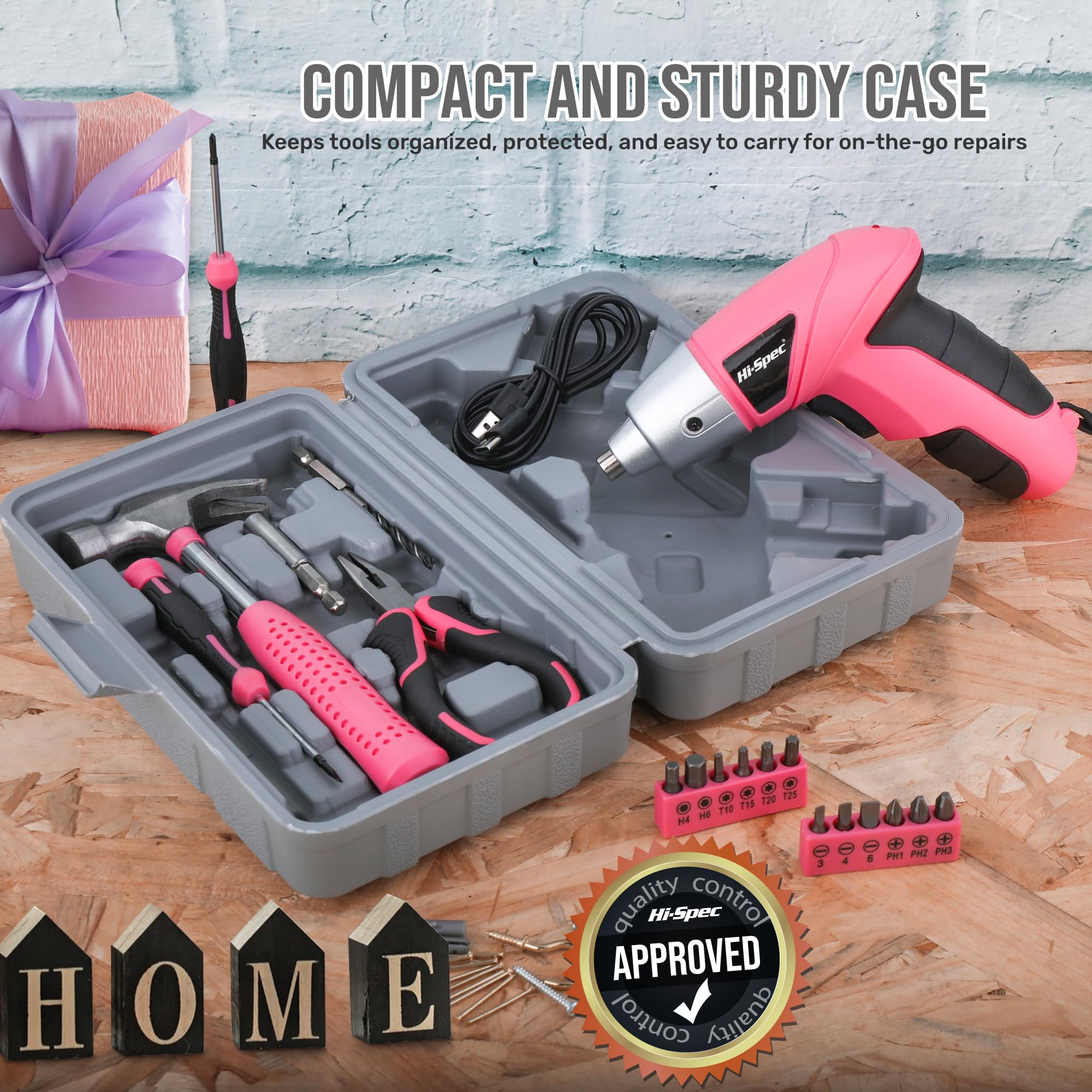 Hi-Spec 19pc 3.6V Pink USB Small Power Screwdriver & Home DIY Tool Kit Set. Cordless & Rechargeable Electric Screwdriver and Compact Hand Tool Box Set