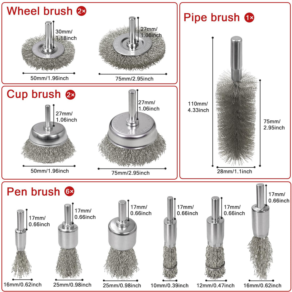 SBGGRL 11 Pcs Metal Carbon Steel Wire Wheel for Drill Set, Wool Brush Drill Attachment for Removing Paint and Rust with 1/4" Round Shank