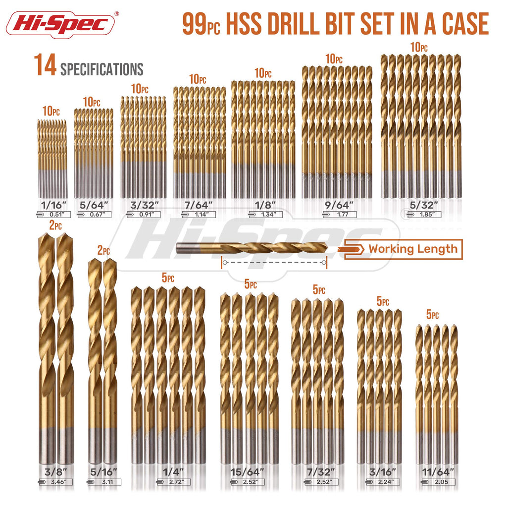 Hi-Spec 99pc Complete HSS Mixed Drill Bit Set, 1 to 10mm Titanium Coated High Speed Steel Drill Bits for Metal, Wood & Plastic, All in a Box Case