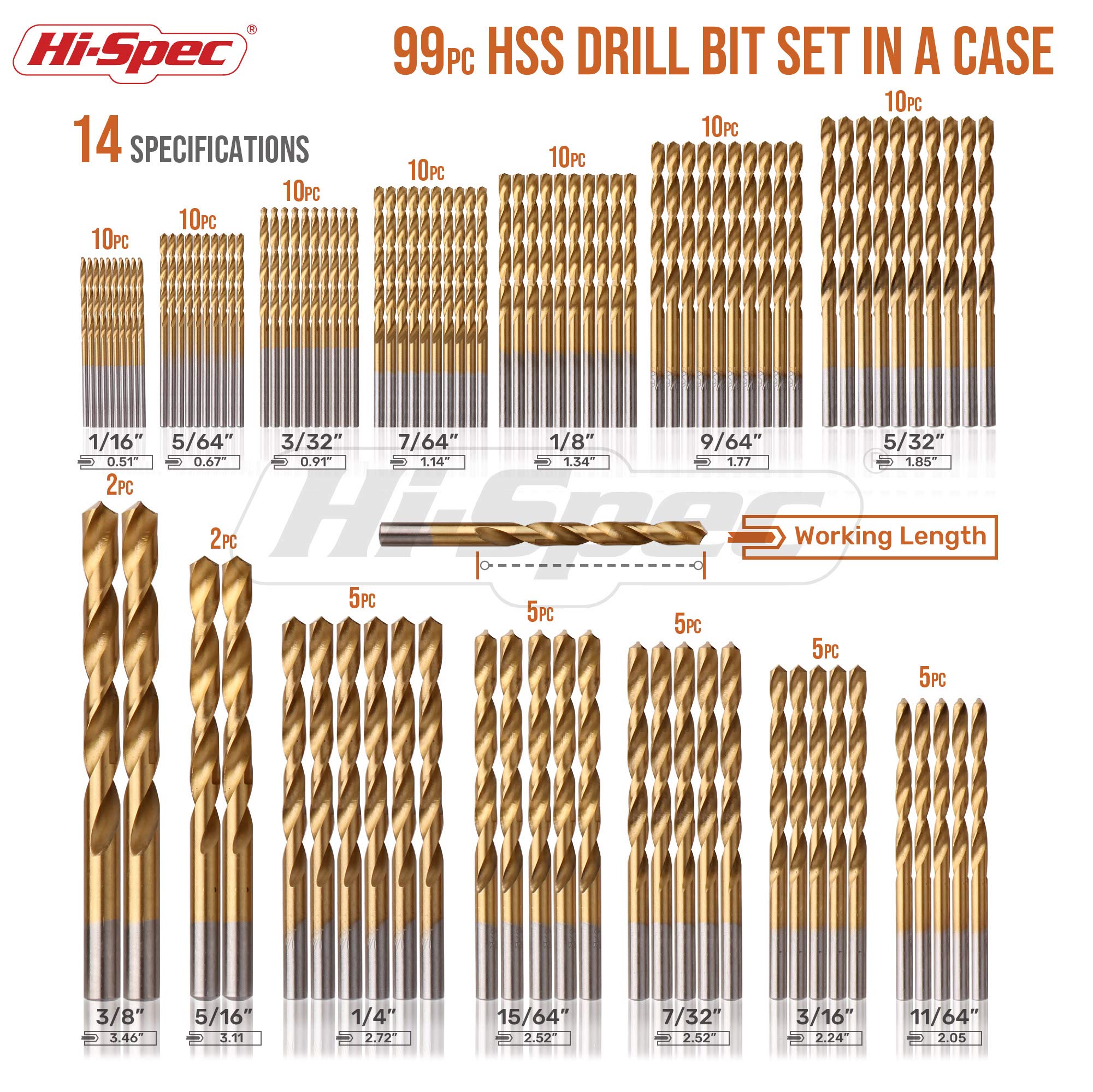 Hi-Spec 99pc Complete HSS Mixed Drill Bit Set, 1 to 10mm Titanium Coated High Speed Steel Drill Bits for Metal, Wood & Plastic, All in a Box Case